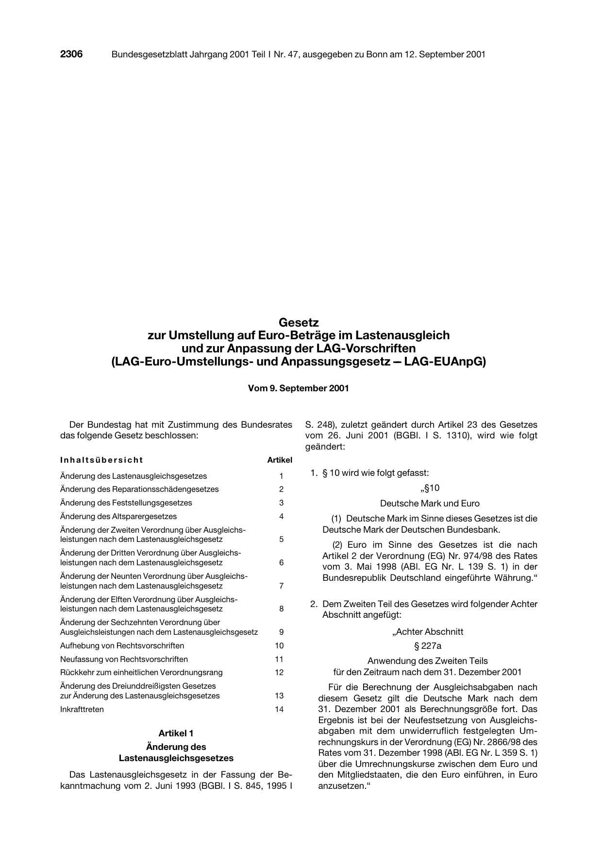 BGBl. 2001, Seite 2306 — Originalseite als Abbildung