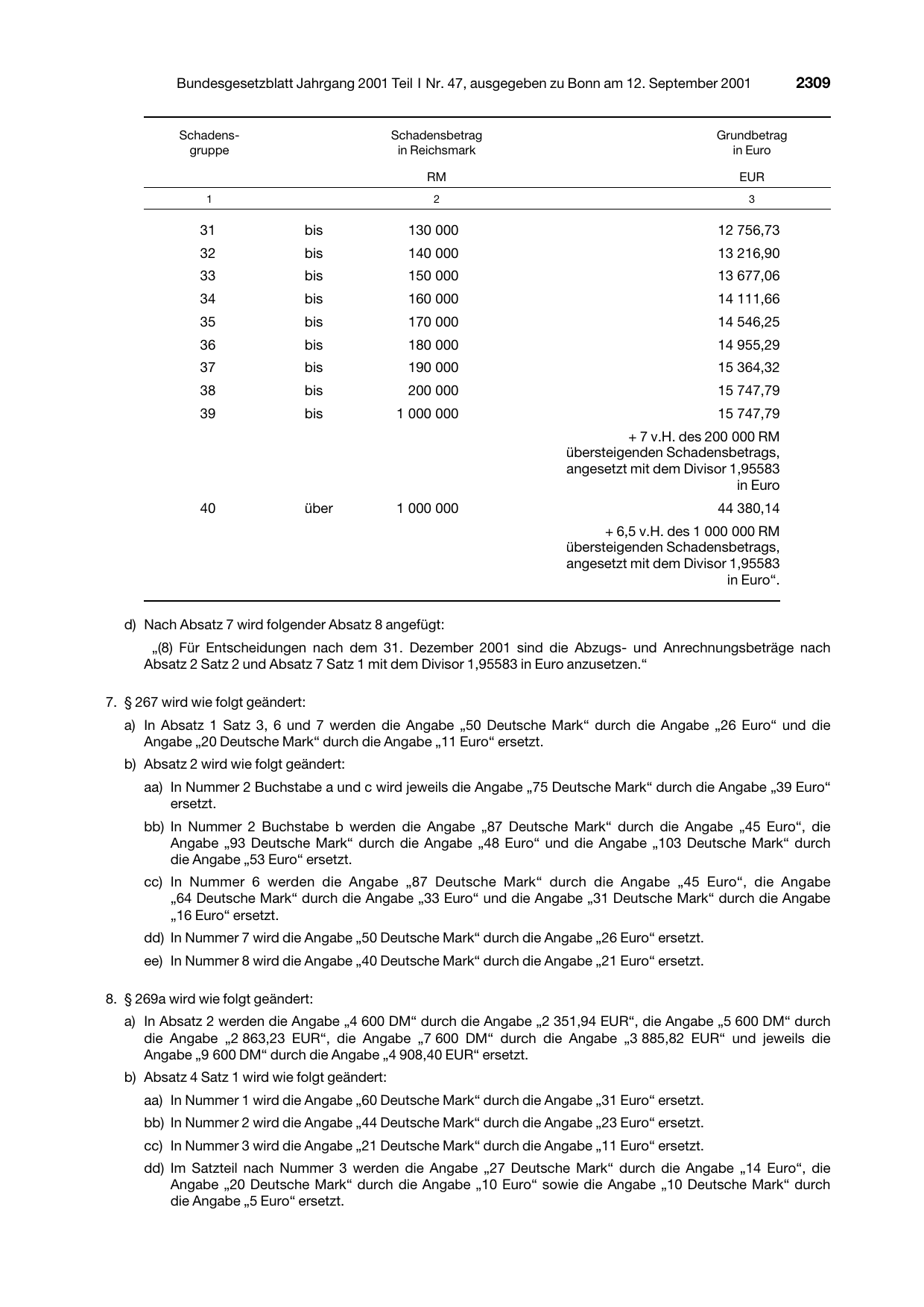 BGBl. 2001, Seite 2309 — Originalseite als Abbildung