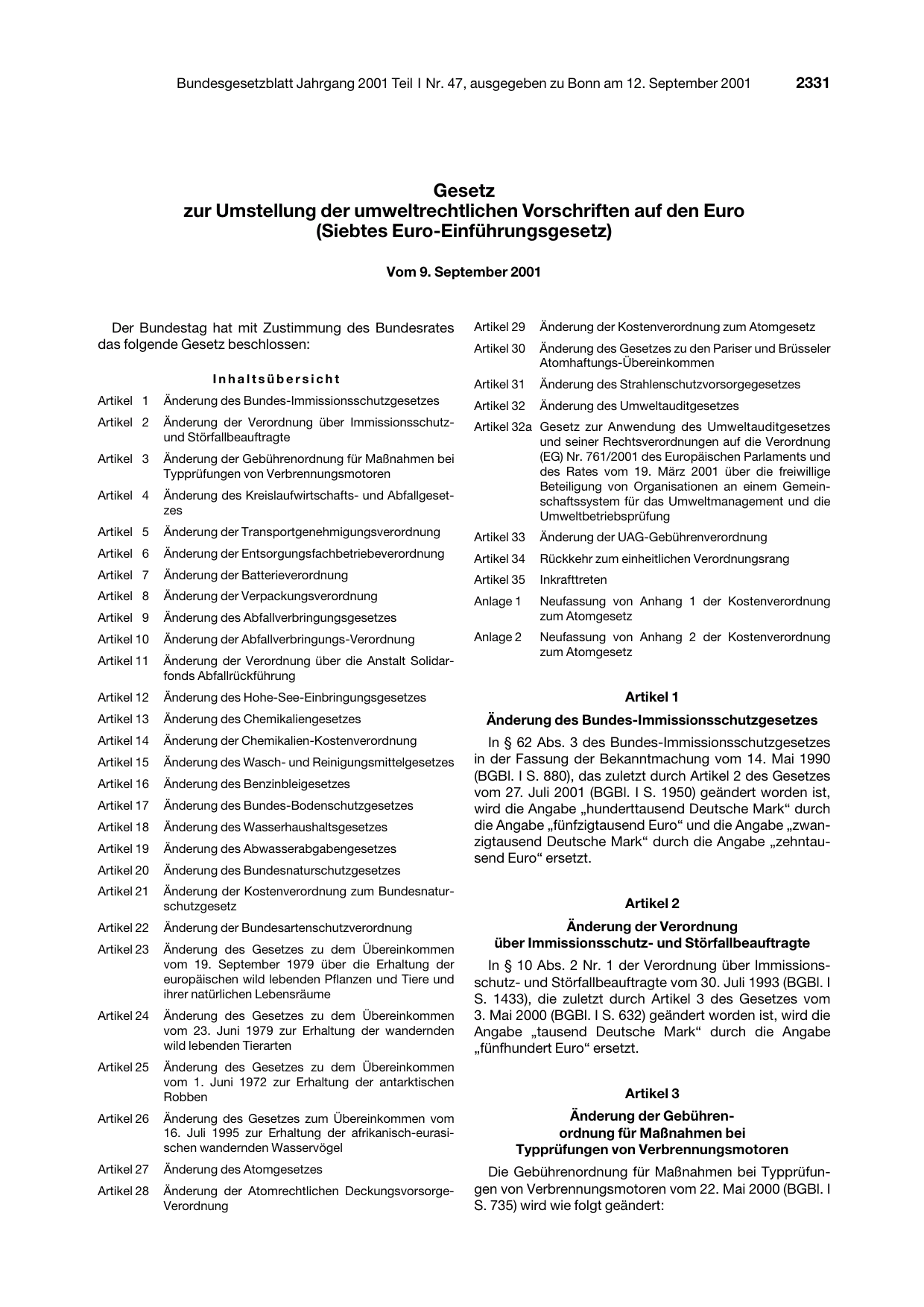 BGBl. 2001, Seite 2331 — Originalseite als Abbildung