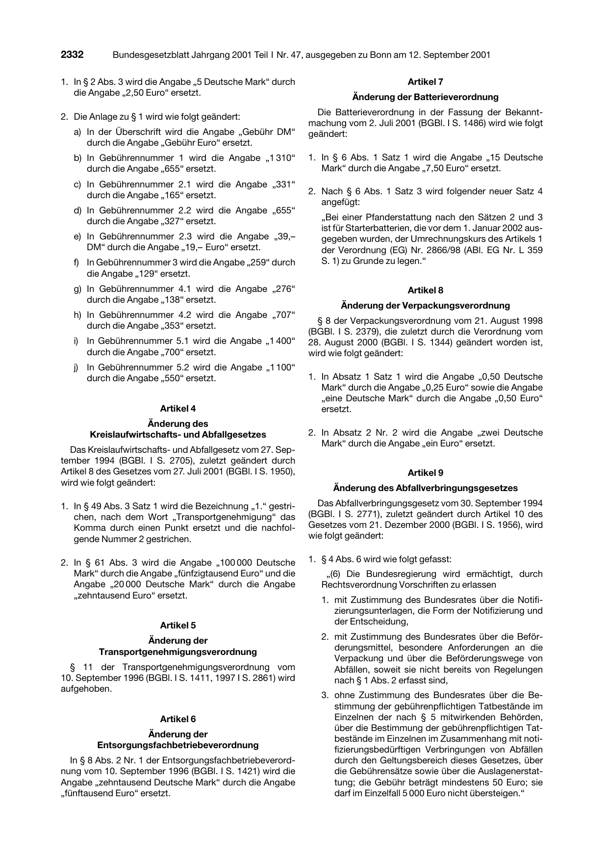 BGBl. 2001, Seite 2332 — Originalseite als Abbildung