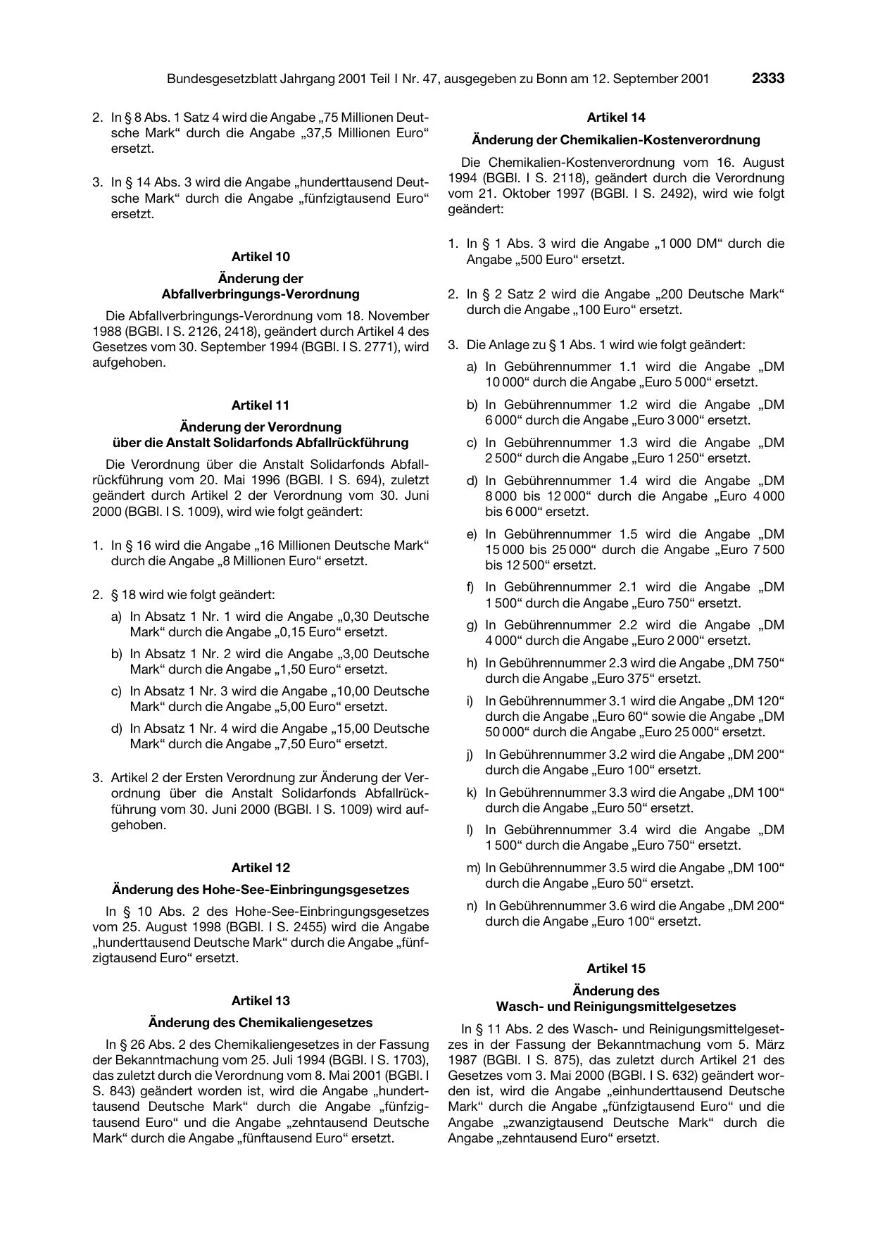 BGBl. 2001, Seite 2333 — Originalseite als Abbildung