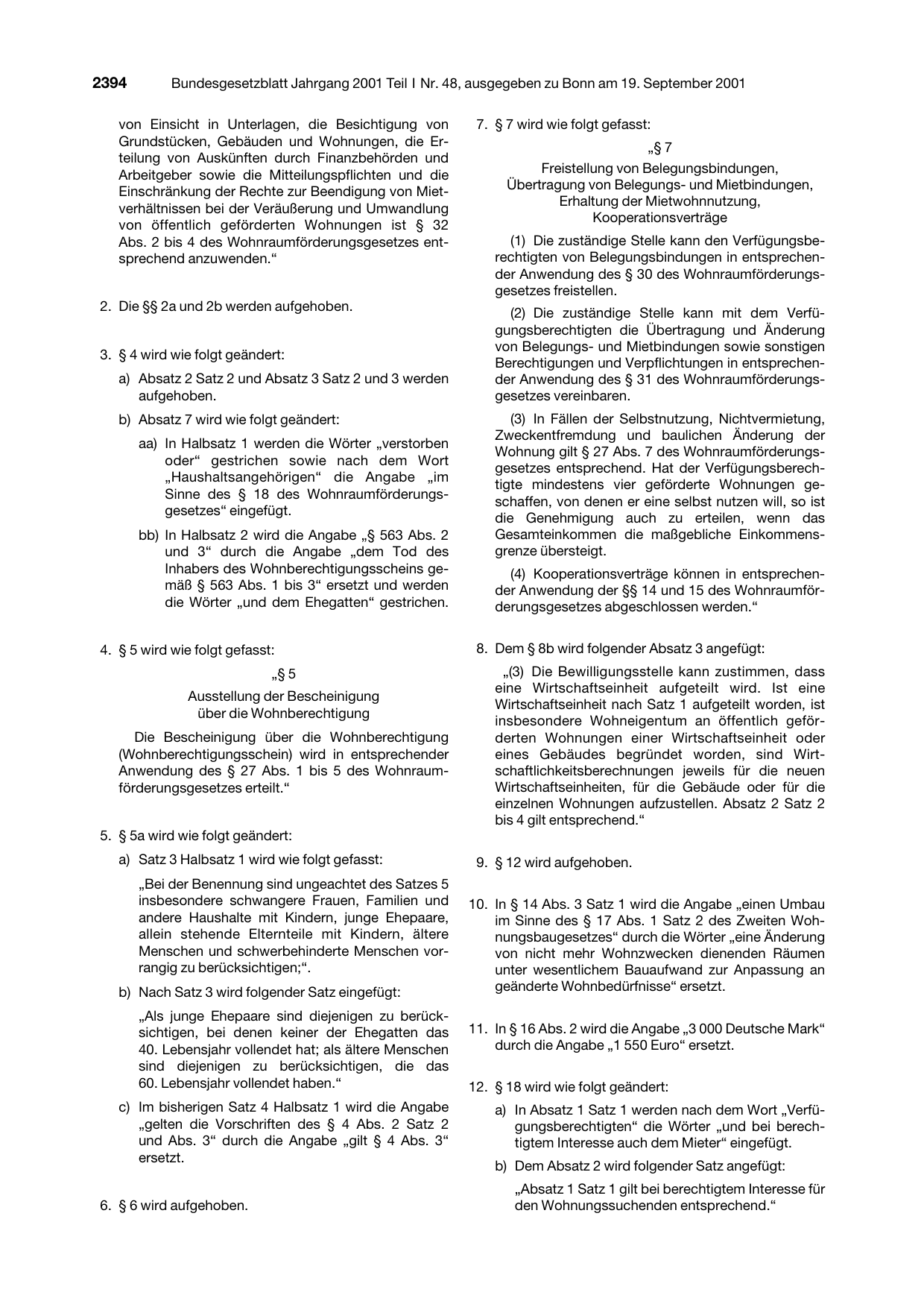 BGBl. 2001, Seite 2394 — Originalseite als Abbildung