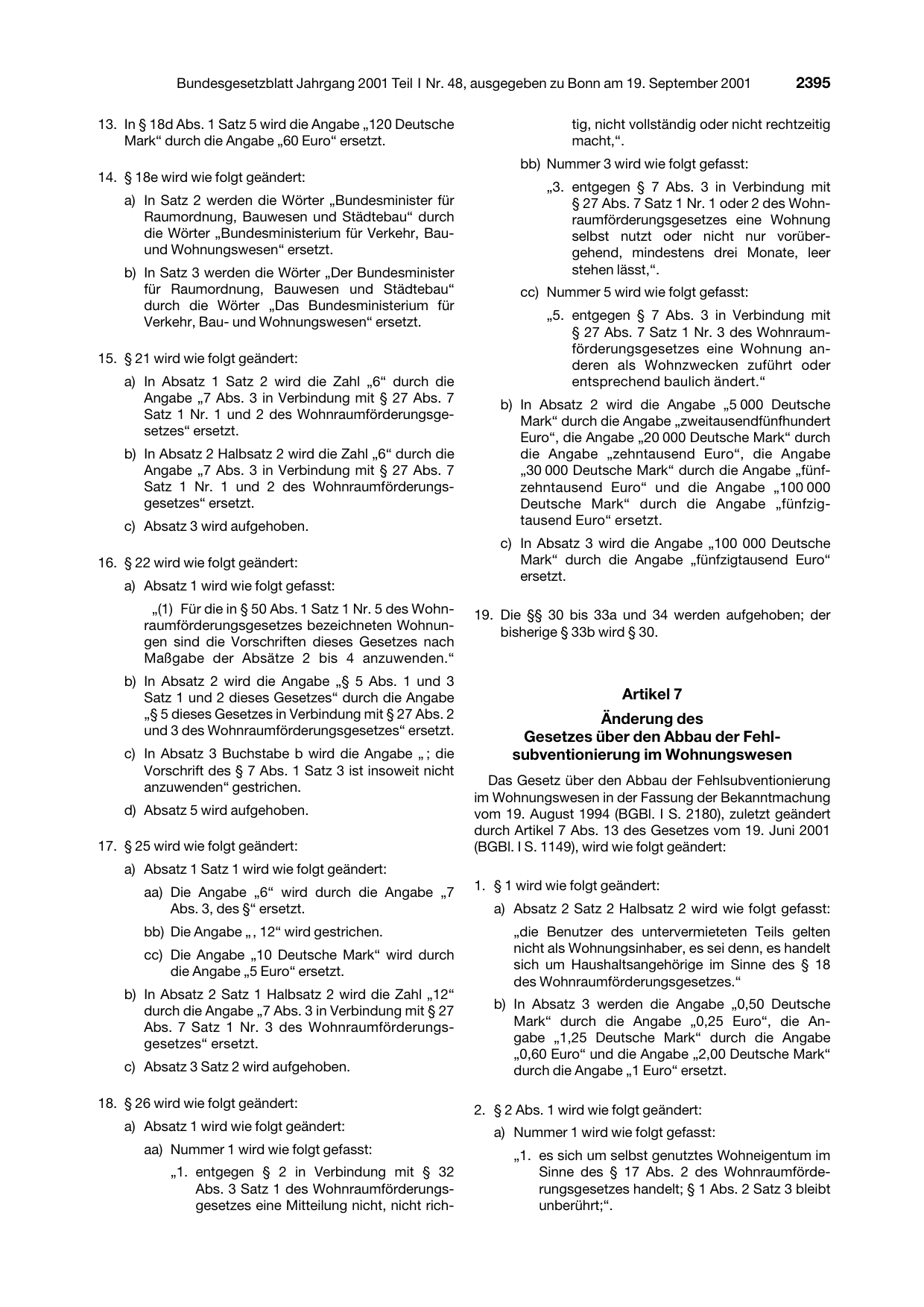 BGBl. 2001, Seite 2395 — Originalseite als Abbildung