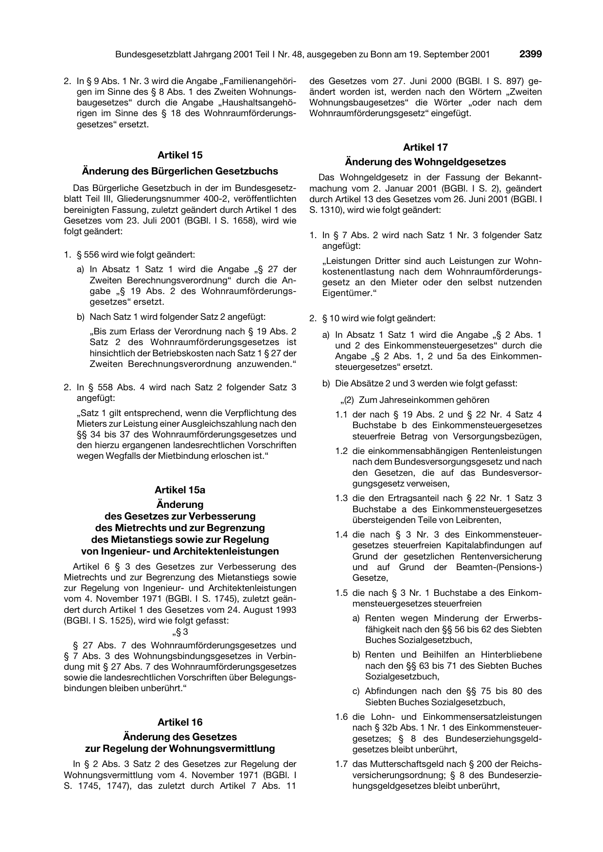 BGBl. 2001, Seite 2399 — Originalseite als Abbildung