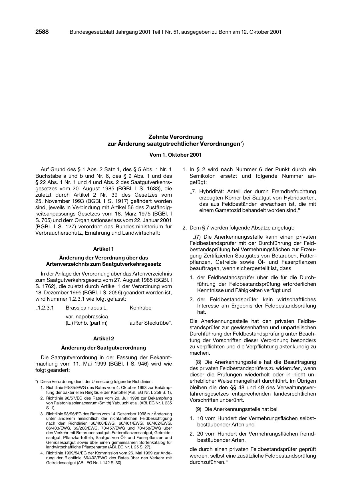 BGBl. 2001, Seite 2588 — Originalseite als Abbildung