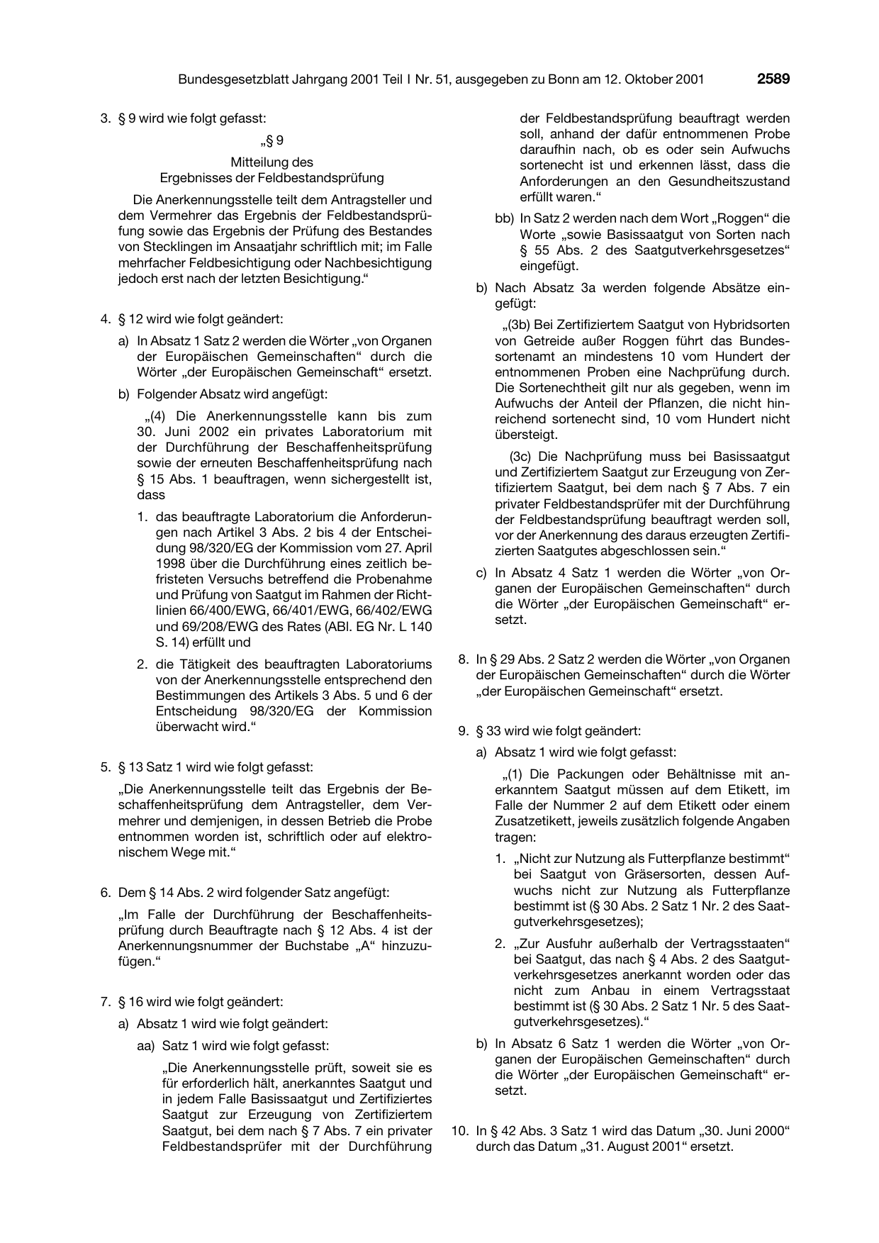 BGBl. 2001, Seite 2589 — Originalseite als Abbildung