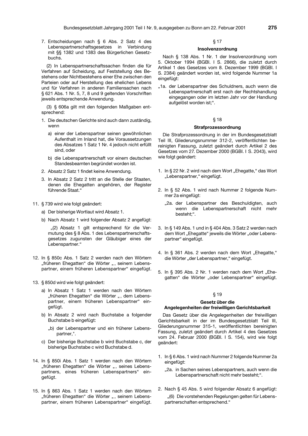 BGBl. 2001, Seite 275 — Originalseite als Abbildung