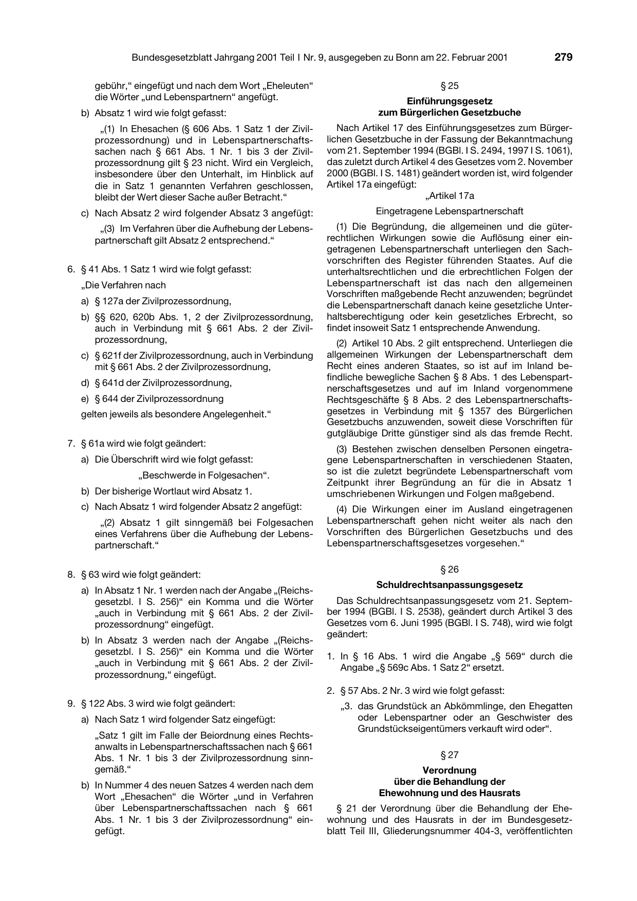 BGBl. 2001, Seite 279 — Originalseite als Abbildung