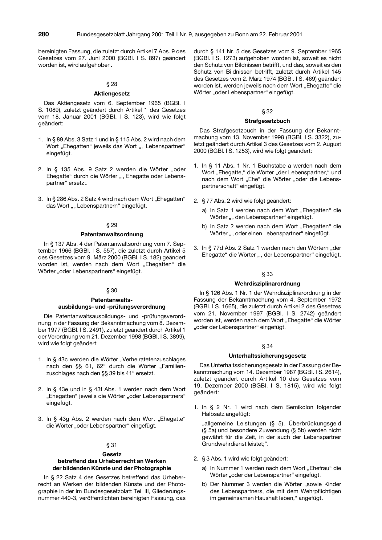 BGBl. 2001, Seite 280 — Originalseite als Abbildung