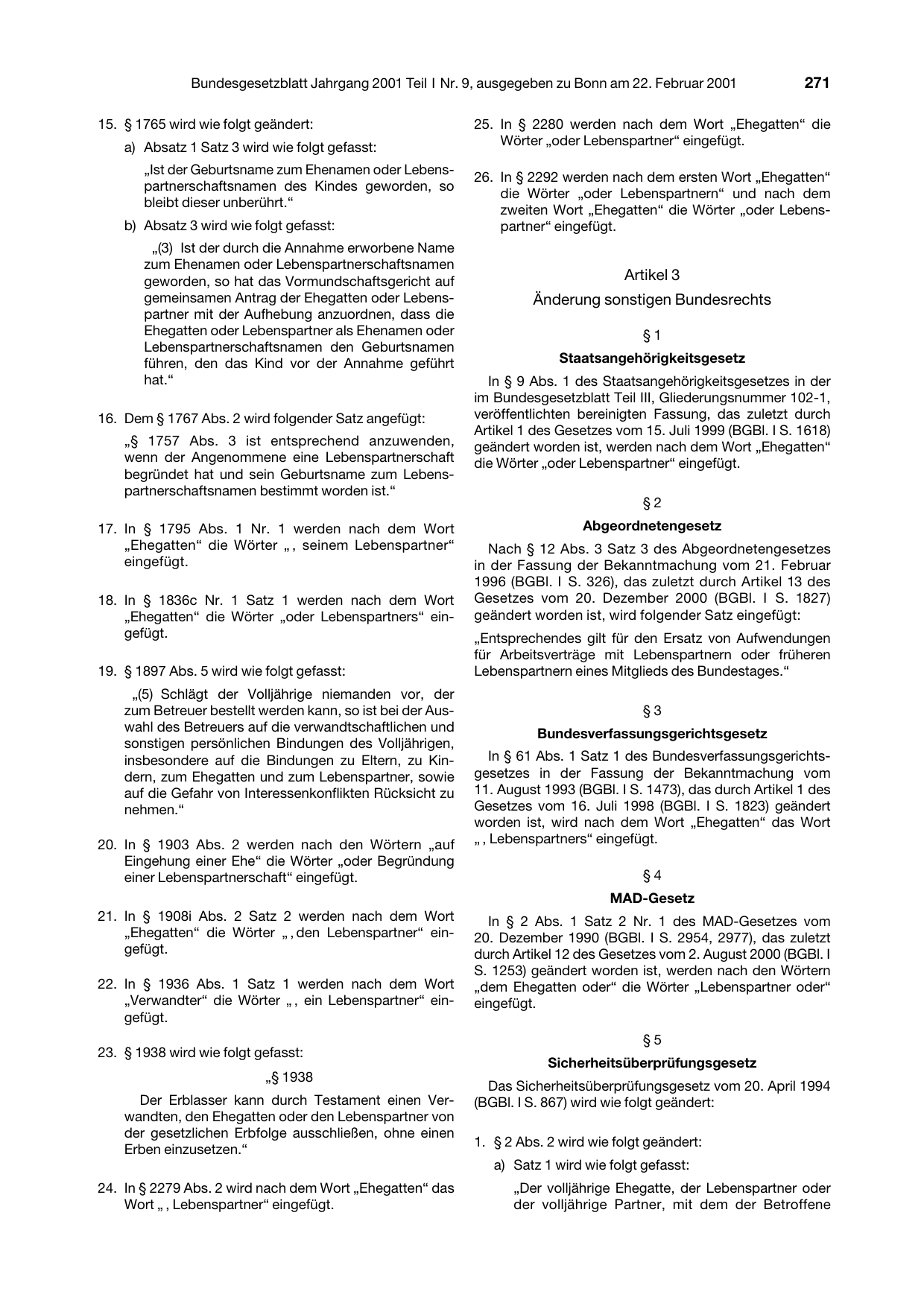 BGBl. 2001, Seite 271 — Originalseite als Abbildung