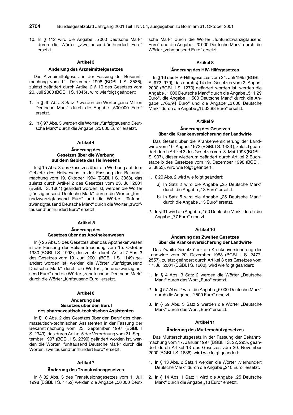 BGBl. 2001, Seite 2704 — Originalseite als Abbildung