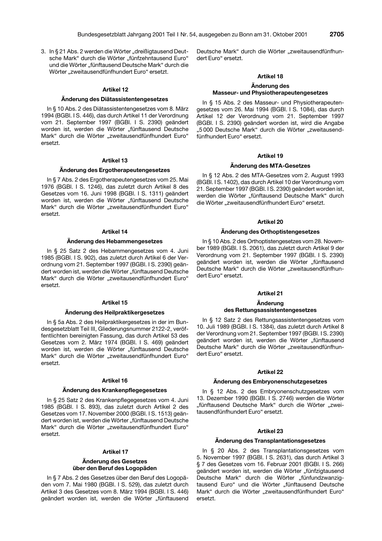 BGBl. 2001, Seite 2705 — Originalseite als Abbildung