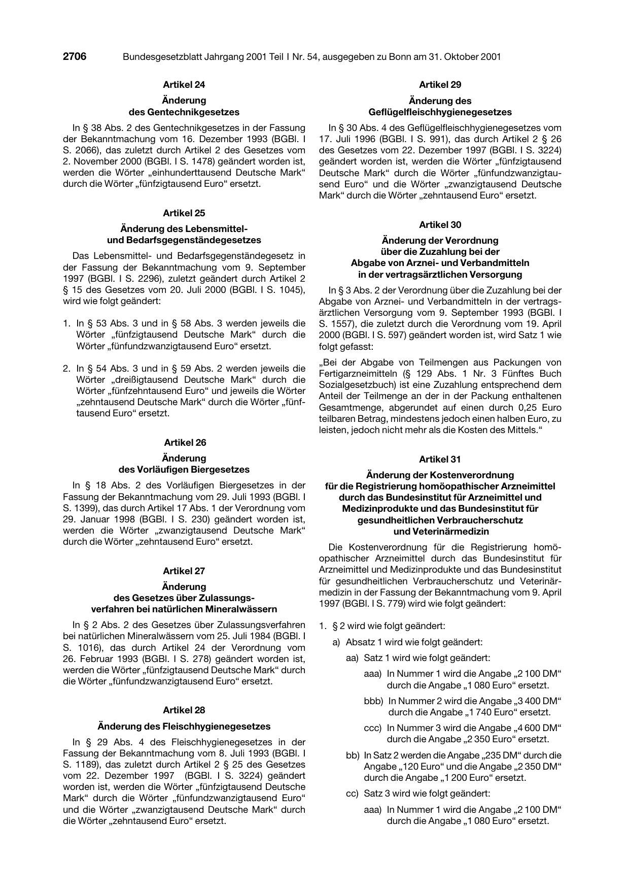 BGBl. 2001, Seite 2706 — Originalseite als Abbildung