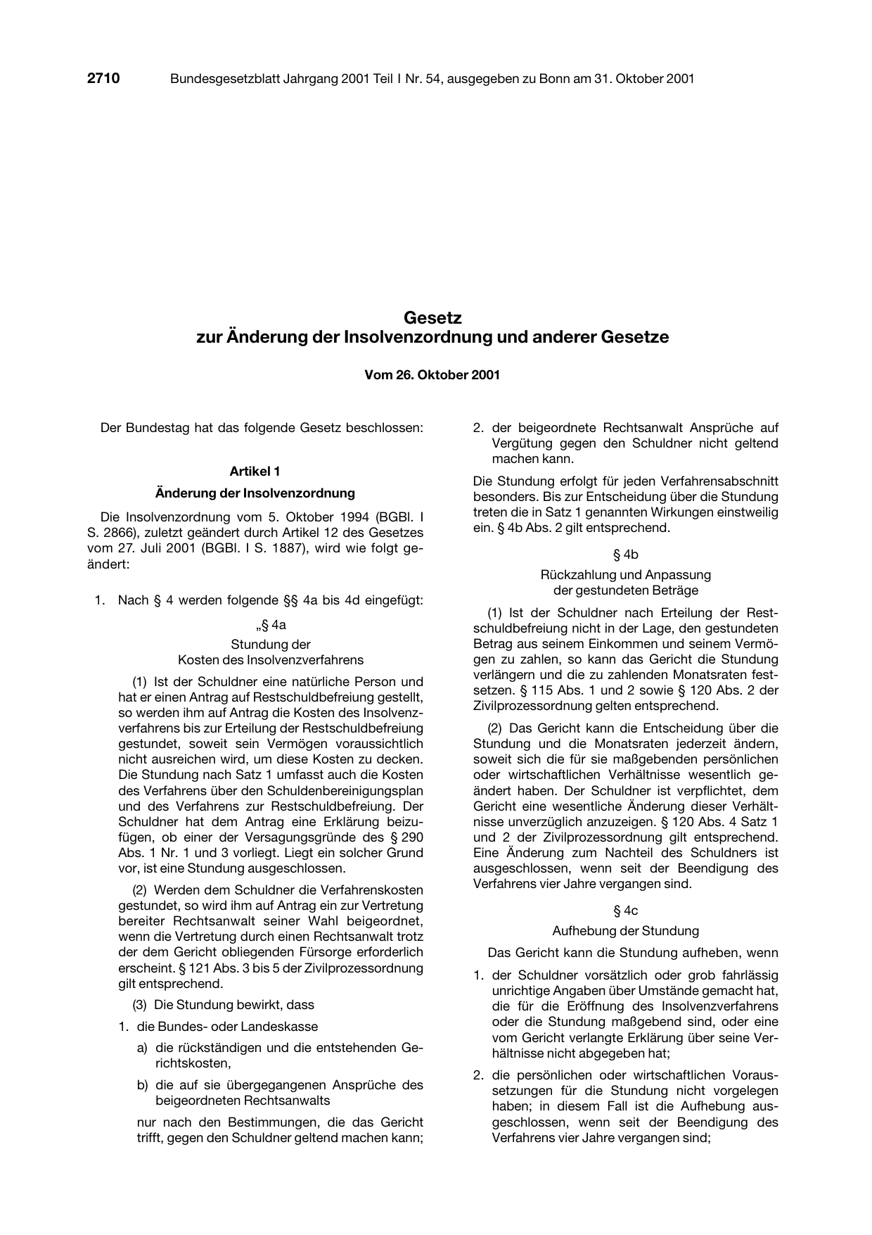 BGBl. 2001, Seite 2710 — Originalseite als Abbildung