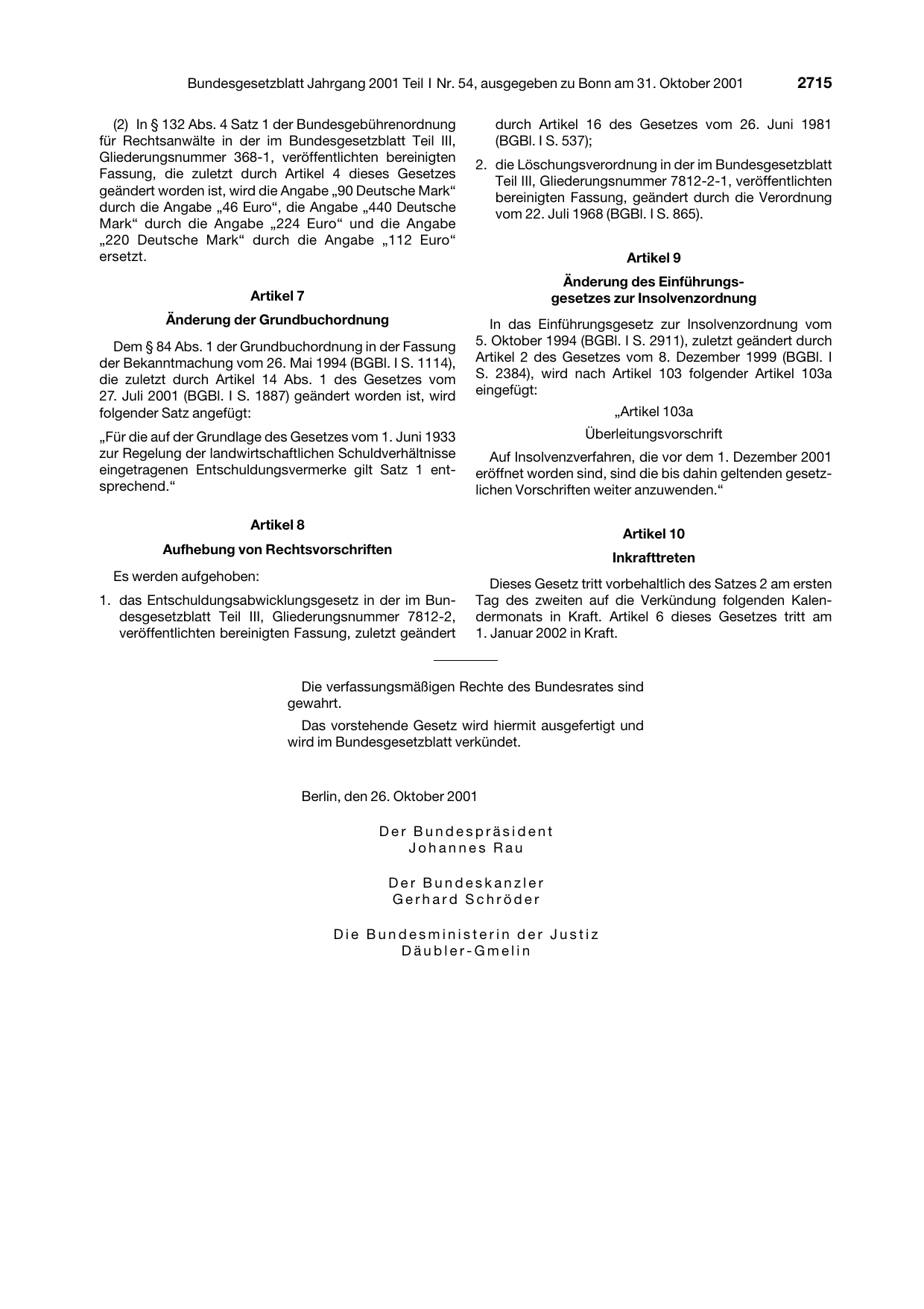 BGBl. 2001, Seite 2715 — Originalseite als Abbildung