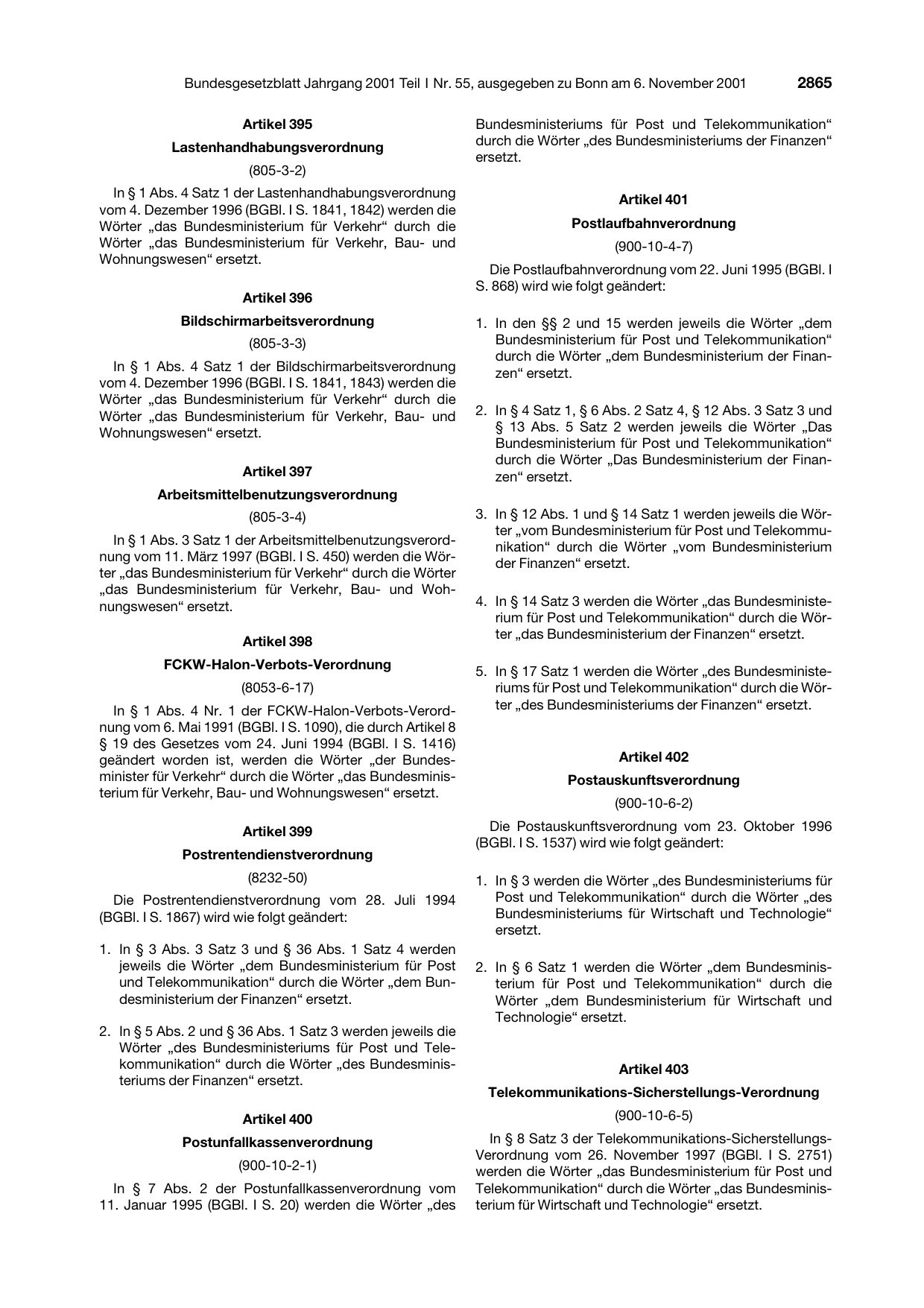 BGBl. 2001, Seite 2865 — Originalseite als Abbildung