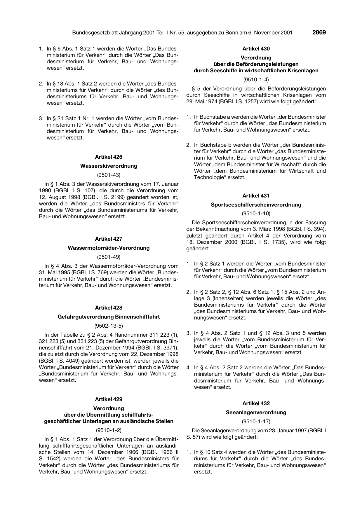 BGBl. 2001, Seite 2869 — Originalseite als Abbildung