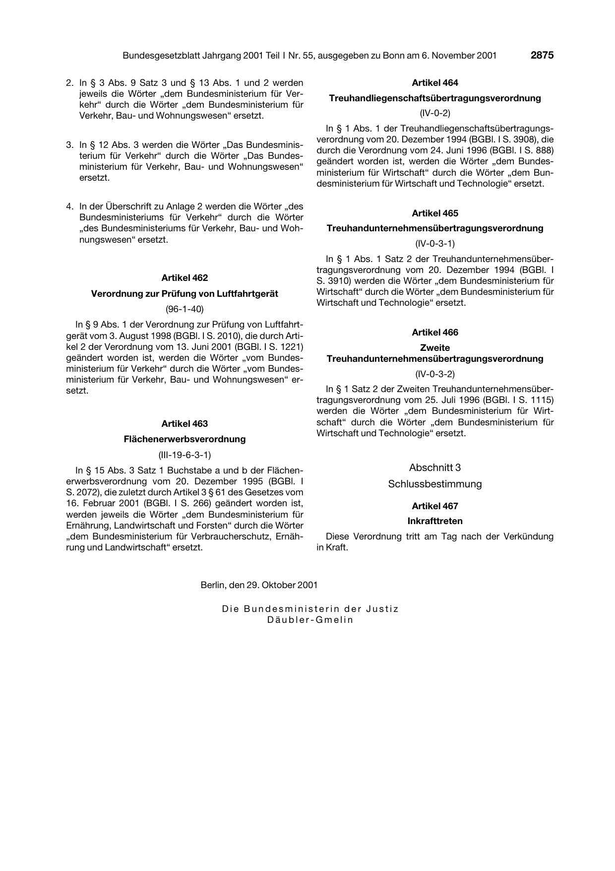 BGBl. 2001, Seite 2875 — Originalseite als Abbildung