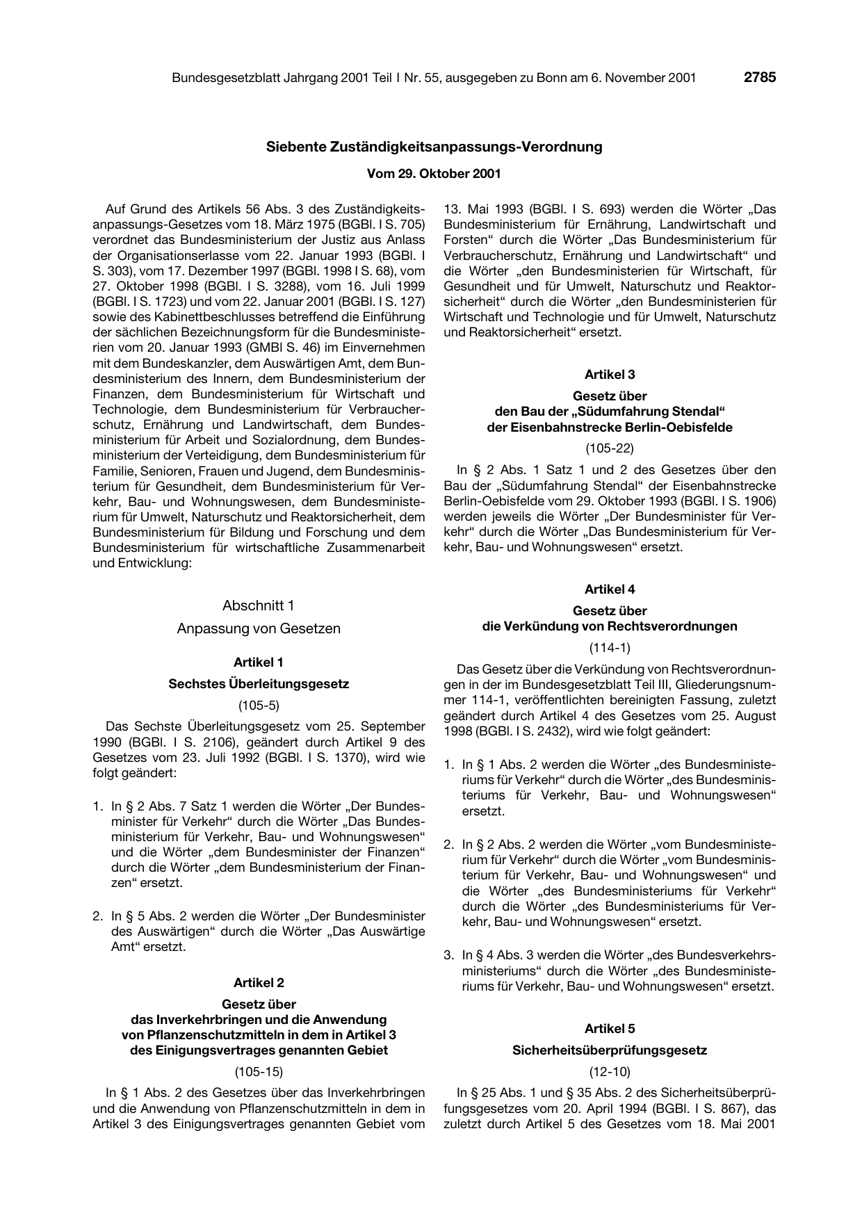 BGBl. 2001, Seite 2785 — Originalseite als Abbildung
