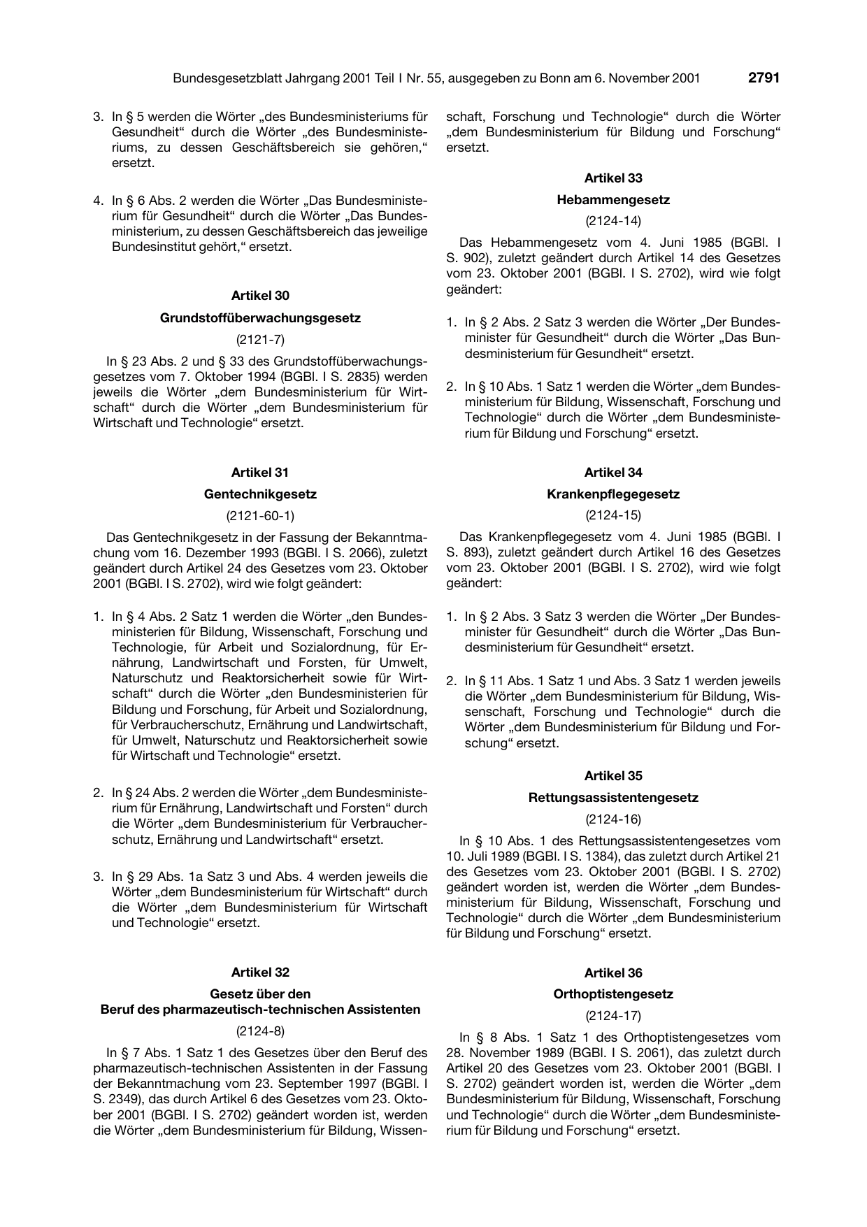 BGBl. 2001, Seite 2791 — Originalseite als Abbildung