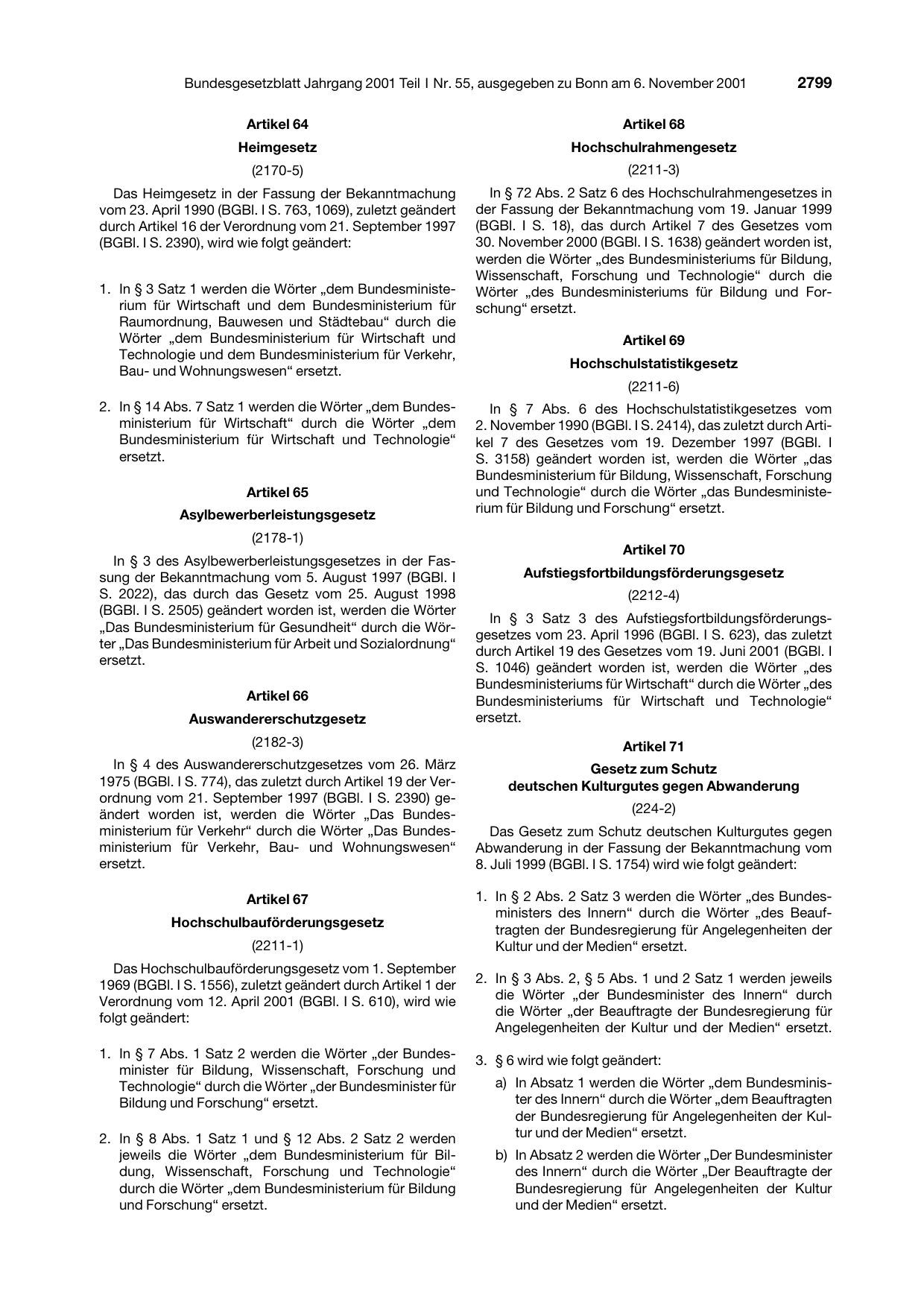BGBl. 2001, Seite 2799 — Originalseite als Abbildung