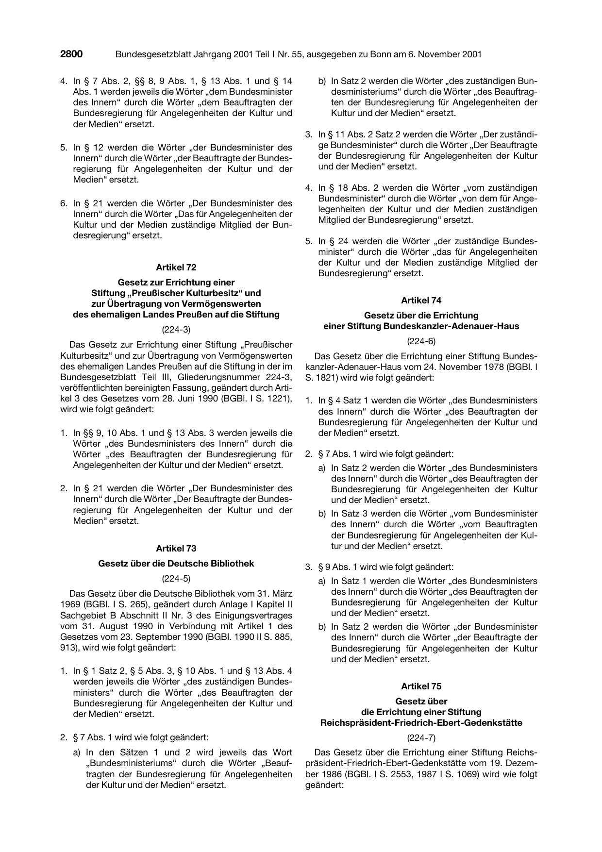 BGBl. 2001, Seite 2800 — Originalseite als Abbildung