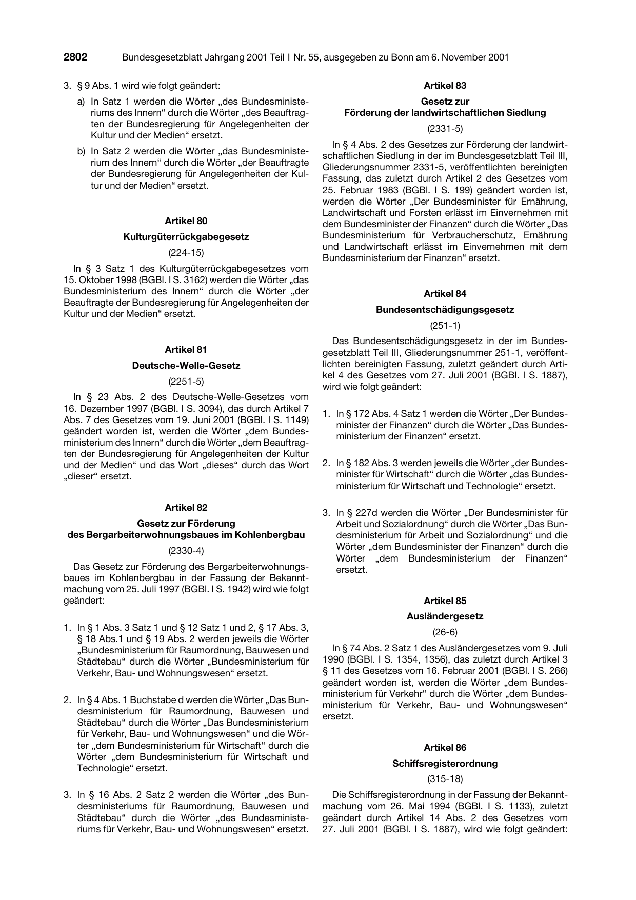 BGBl. 2001, Seite 2802 — Originalseite als Abbildung