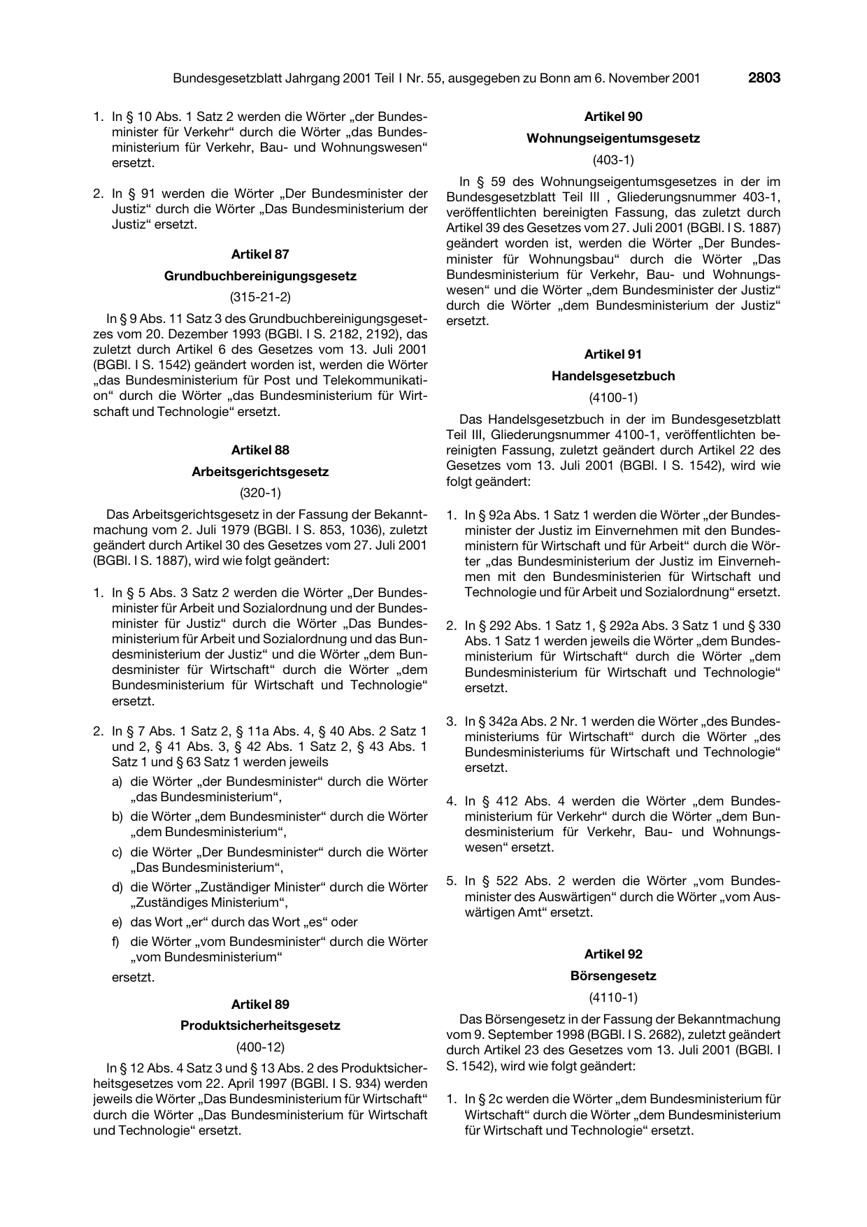 BGBl. 2001, Seite 2803 — Originalseite als Abbildung
