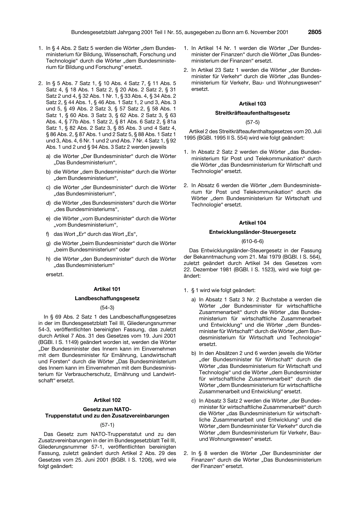 BGBl. 2001, Seite 2805 — Originalseite als Abbildung