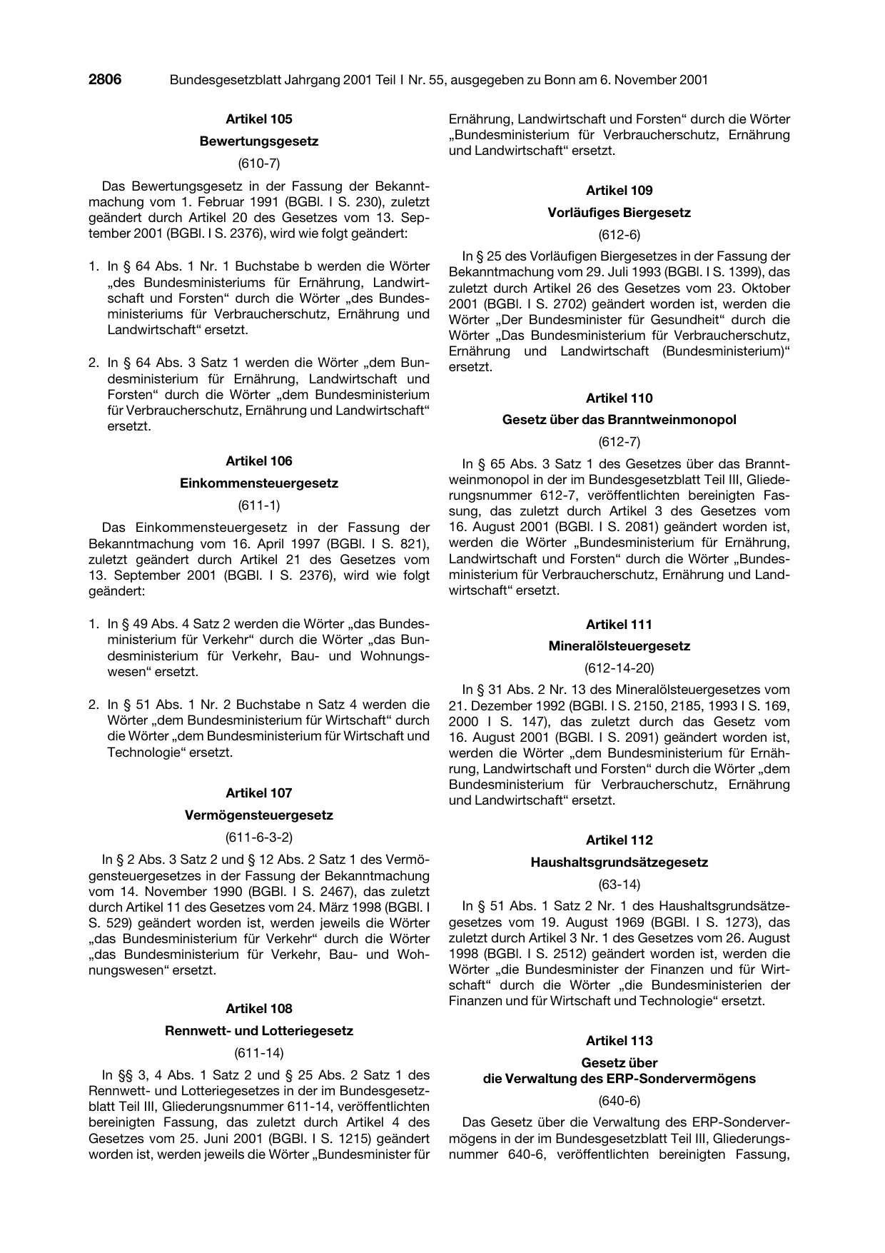 BGBl. 2001, Seite 2806 — Originalseite als Abbildung