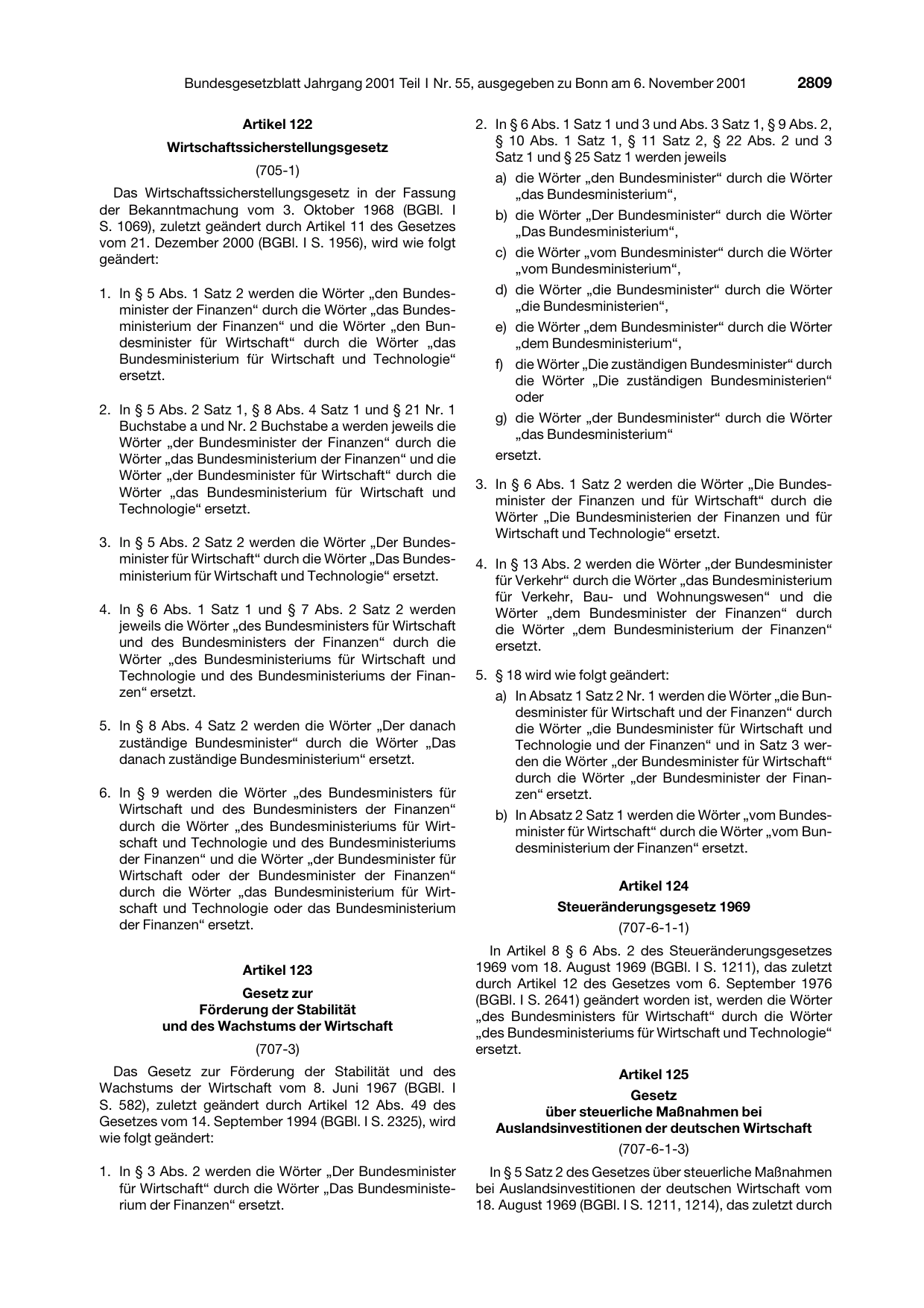 BGBl. 2001, Seite 2809 — Originalseite als Abbildung