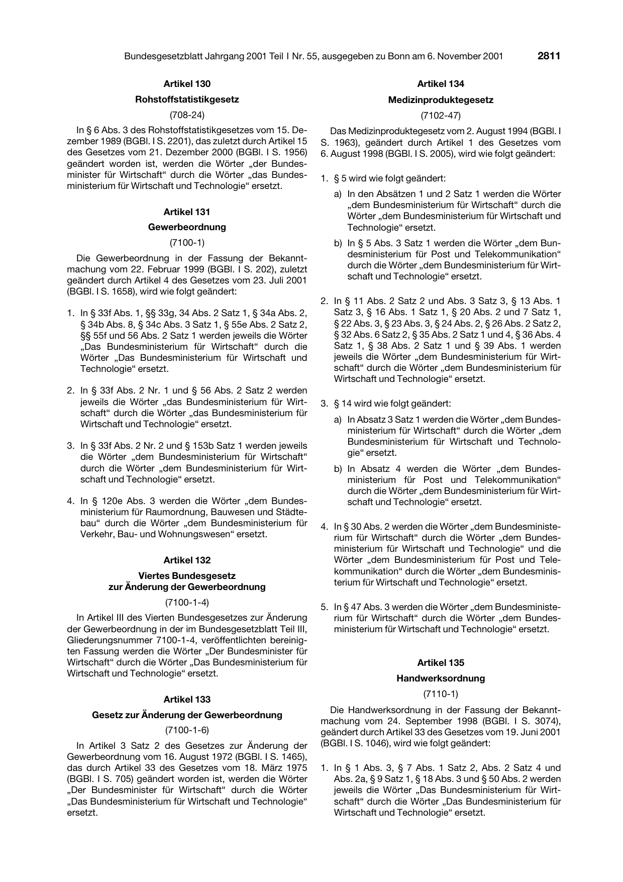 BGBl. 2001, Seite 2811 — Originalseite als Abbildung