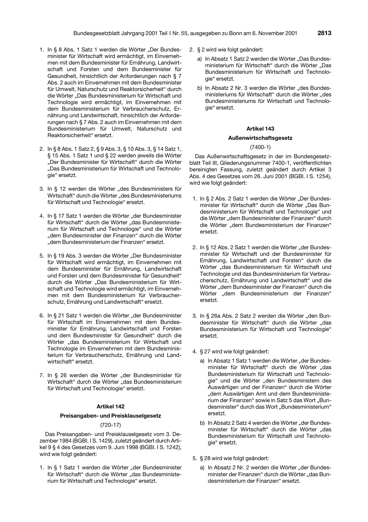 BGBl. 2001, Seite 2813 — Originalseite als Abbildung