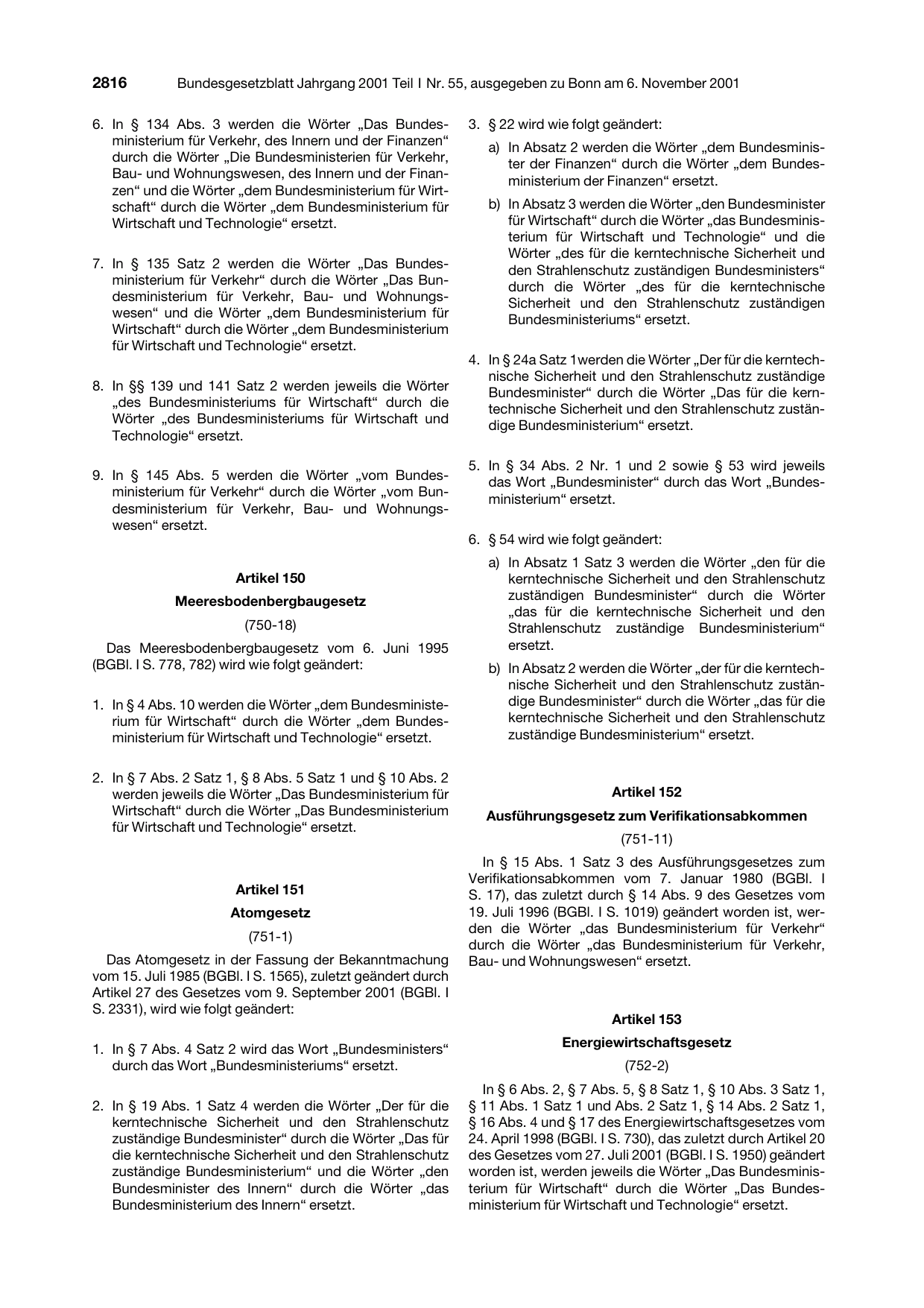 BGBl. 2001, Seite 2816 — Originalseite als Abbildung