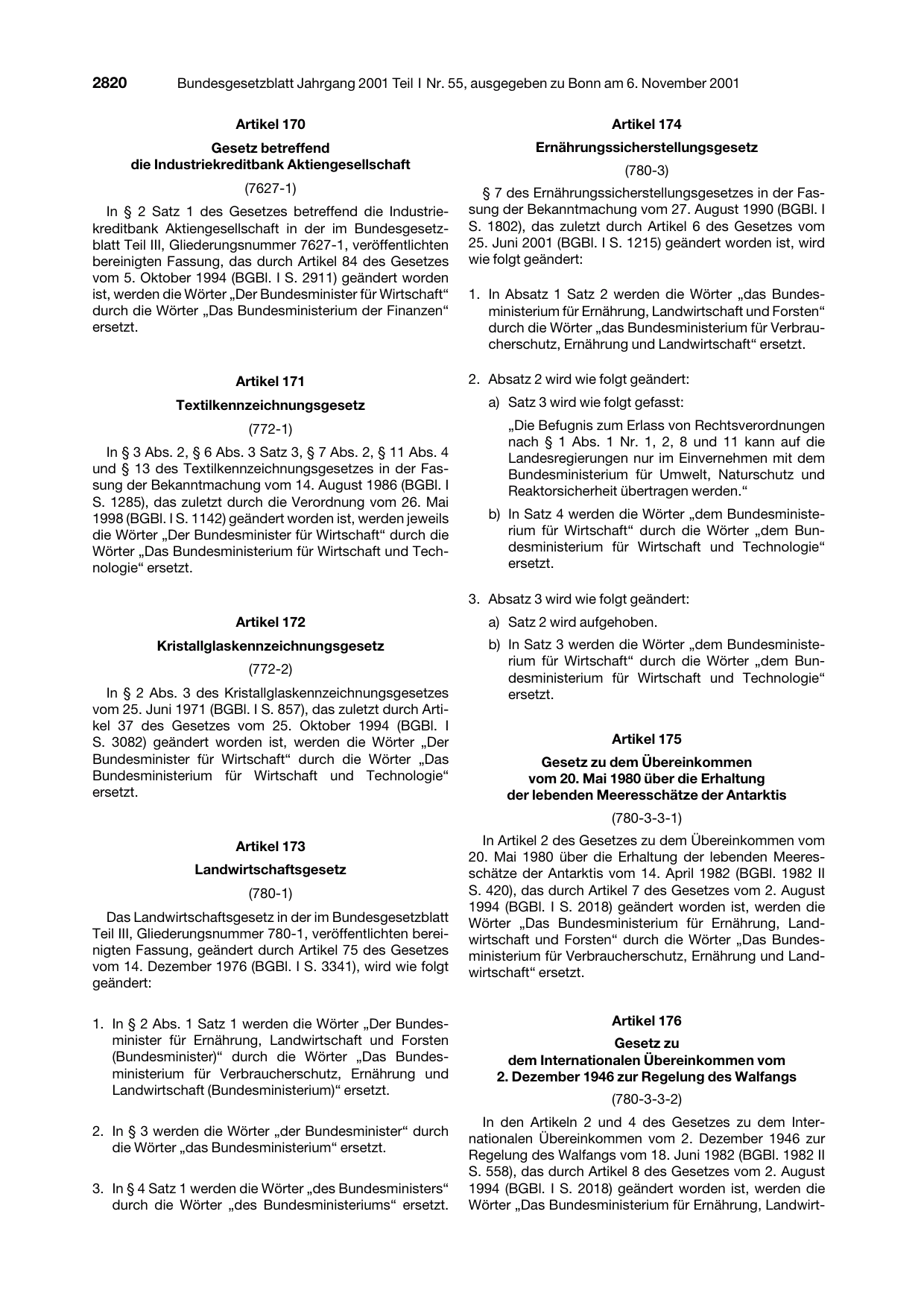 BGBl. 2001, Seite 2820 — Originalseite als Abbildung