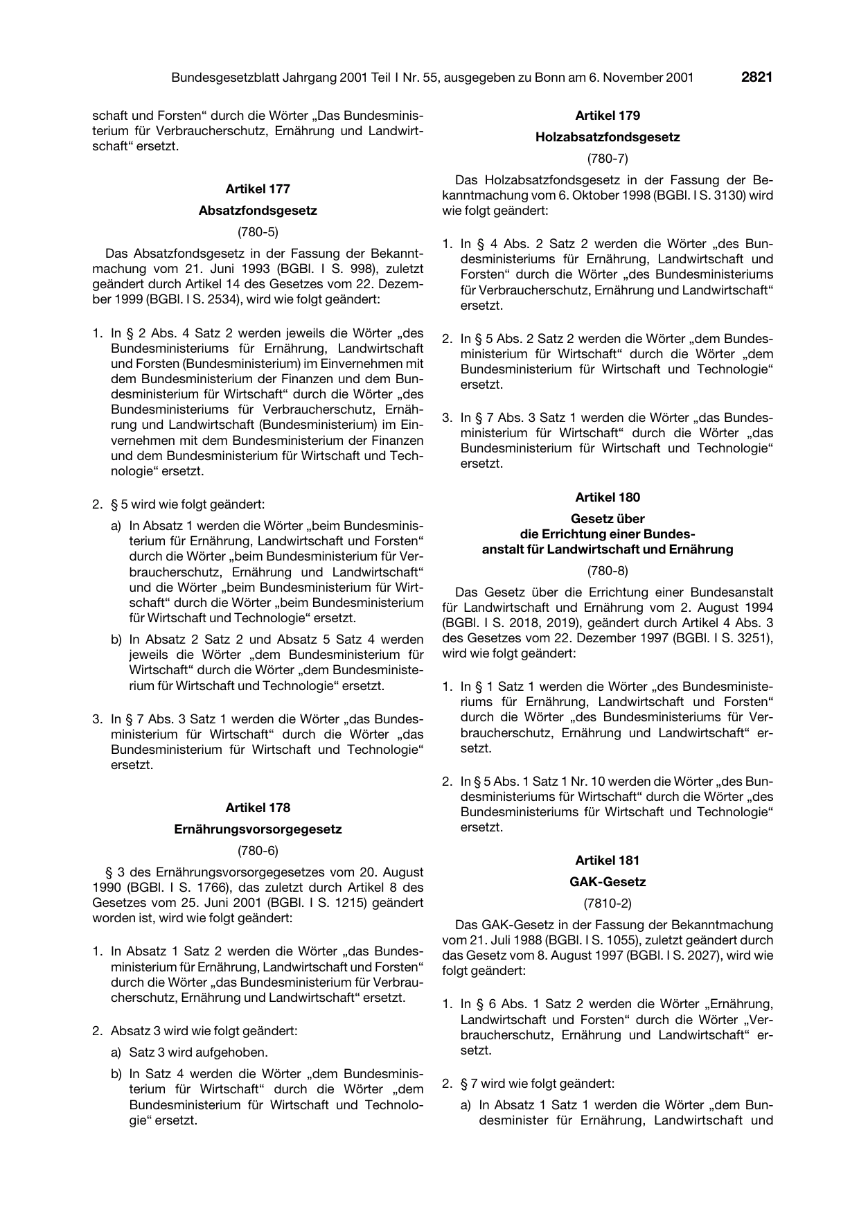 BGBl. 2001, Seite 2821 — Originalseite als Abbildung