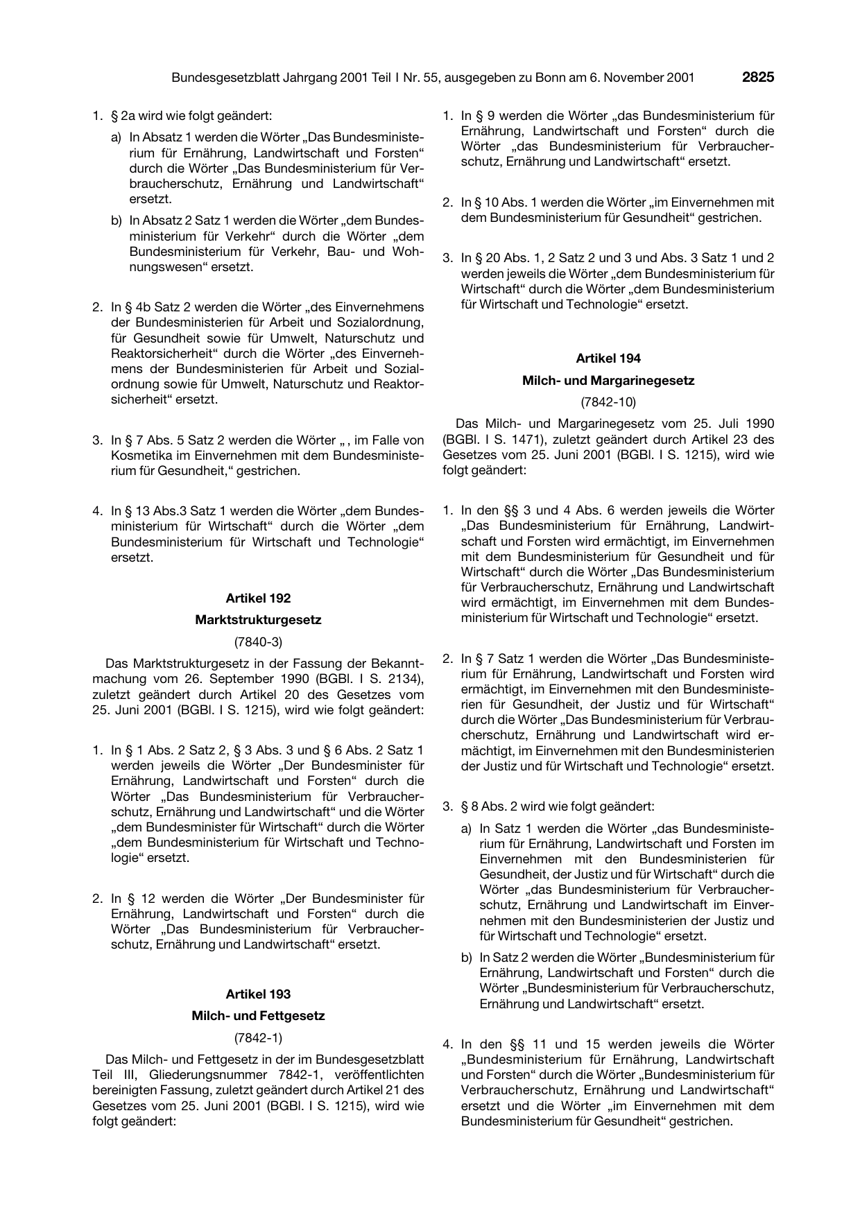BGBl. 2001, Seite 2825 — Originalseite als Abbildung