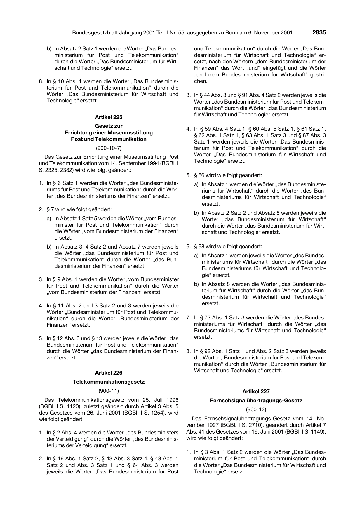 BGBl. 2001, Seite 2835 — Originalseite als Abbildung
