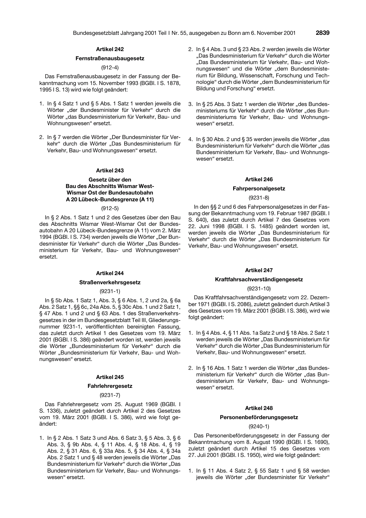 BGBl. 2001, Seite 2839 — Originalseite als Abbildung