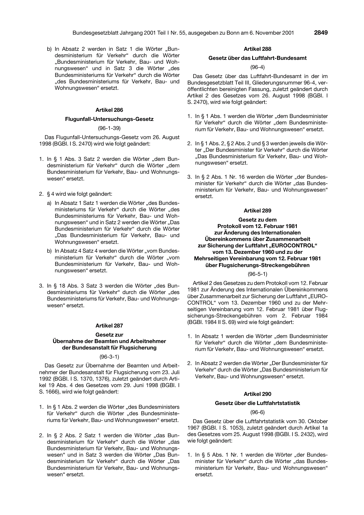 BGBl. 2001, Seite 2849 — Originalseite als Abbildung