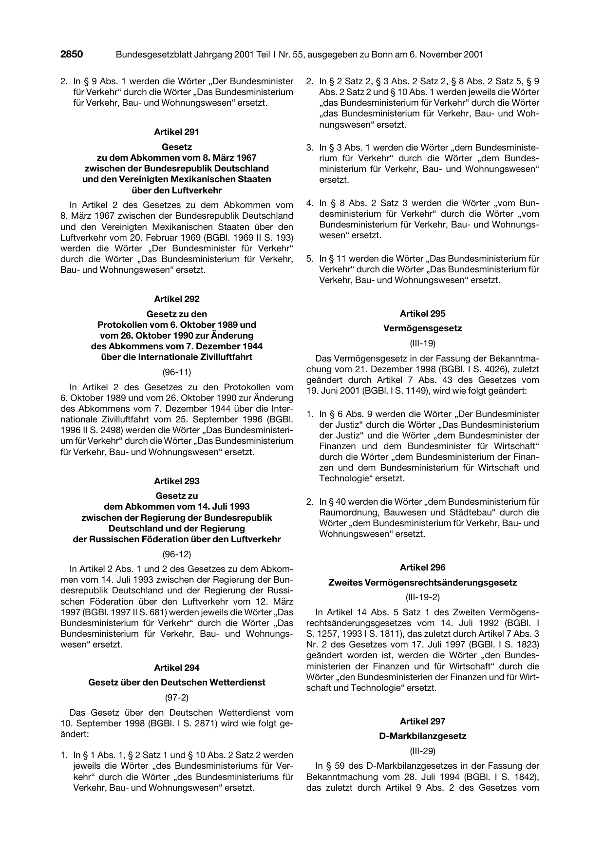 BGBl. 2001, Seite 2850 — Originalseite als Abbildung