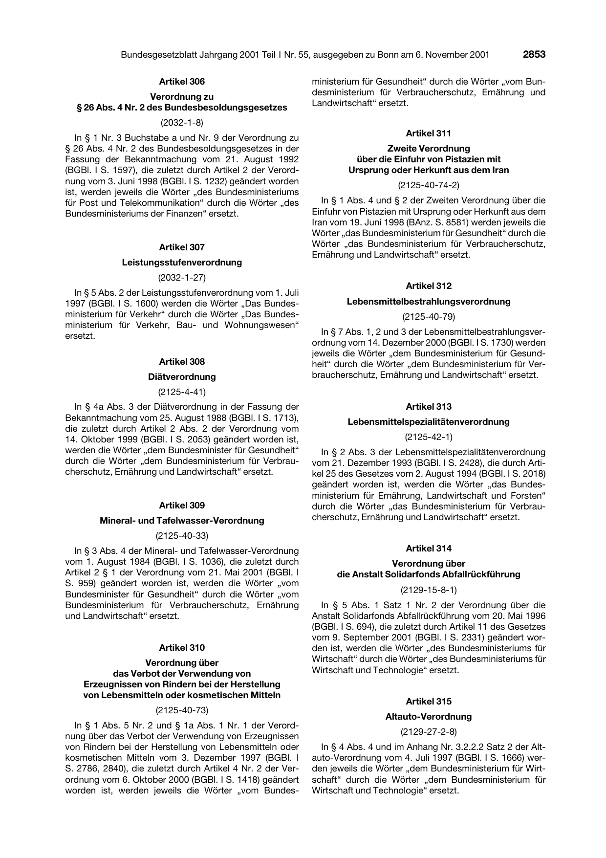 BGBl. 2001, Seite 2853 — Originalseite als Abbildung