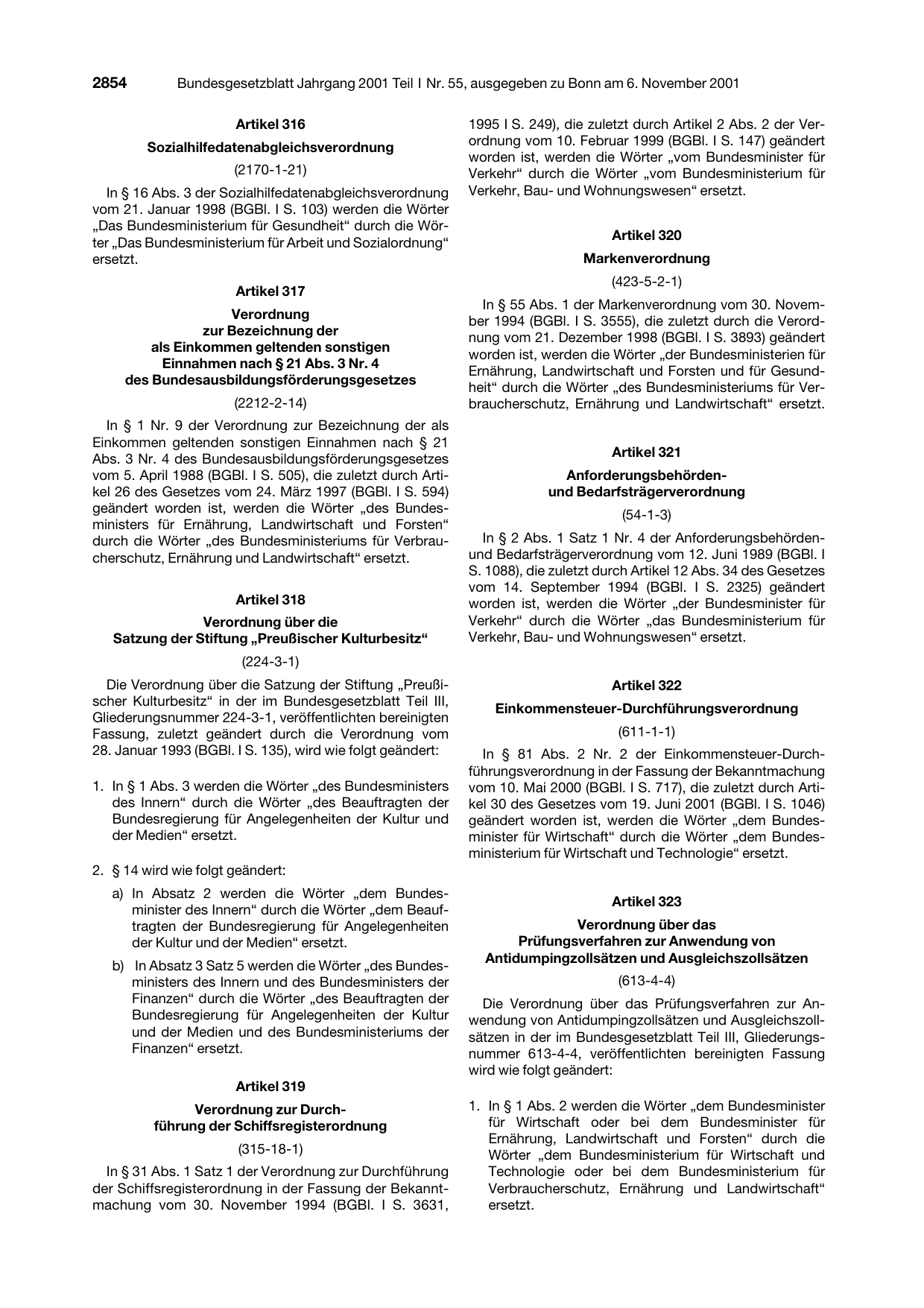 BGBl. 2001, Seite 2854 — Originalseite als Abbildung