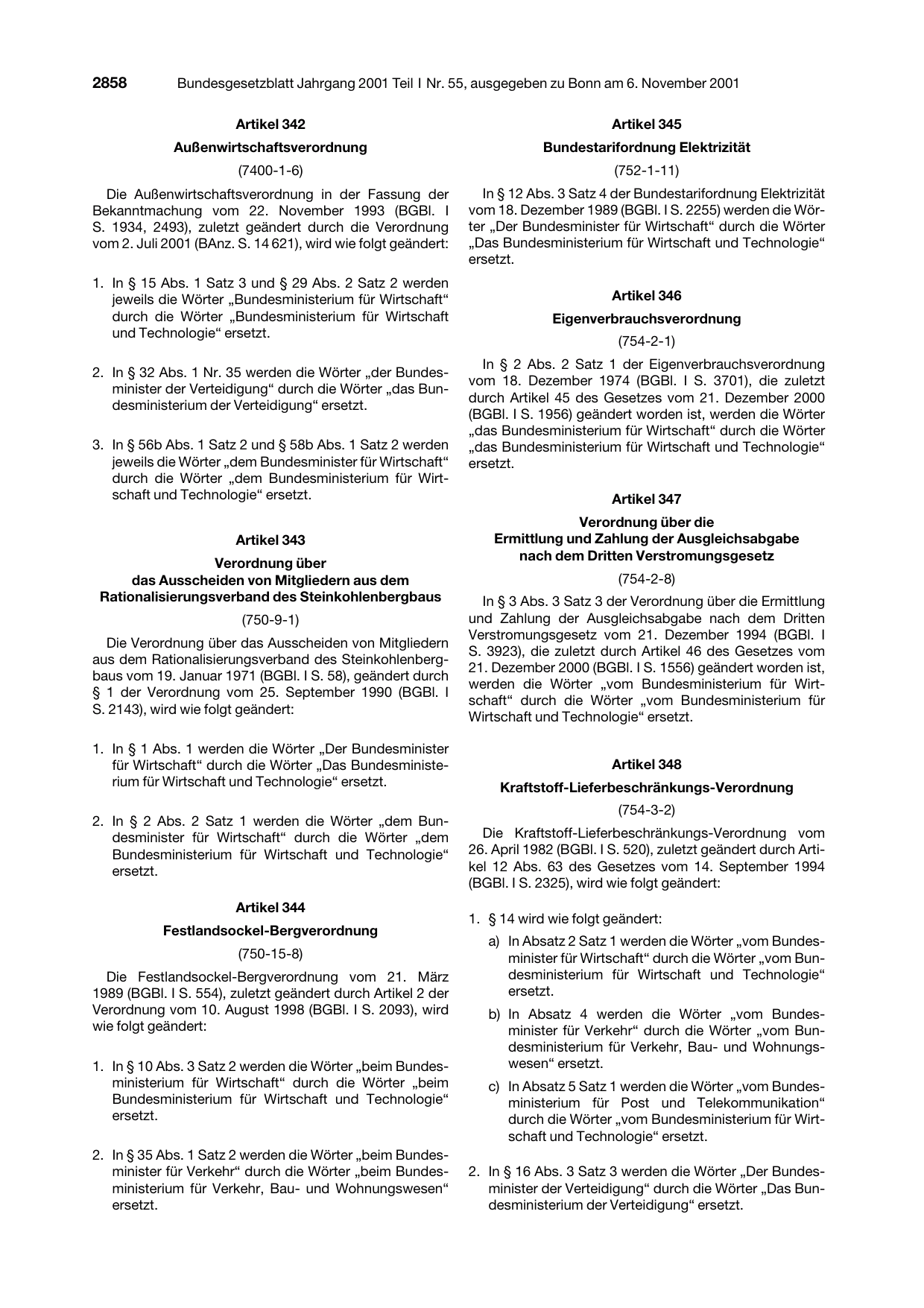 BGBl. 2001, Seite 2858 — Originalseite als Abbildung