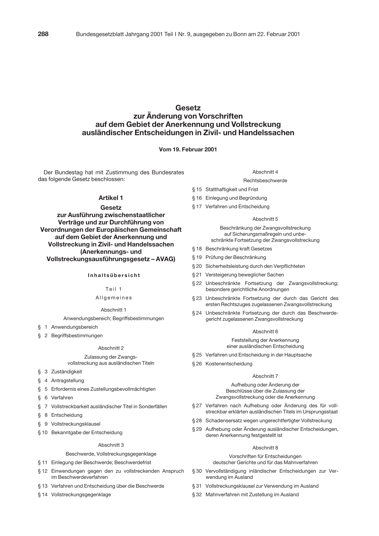 BGBl. 2001, Seite 288 — Originalseite als Abbildung