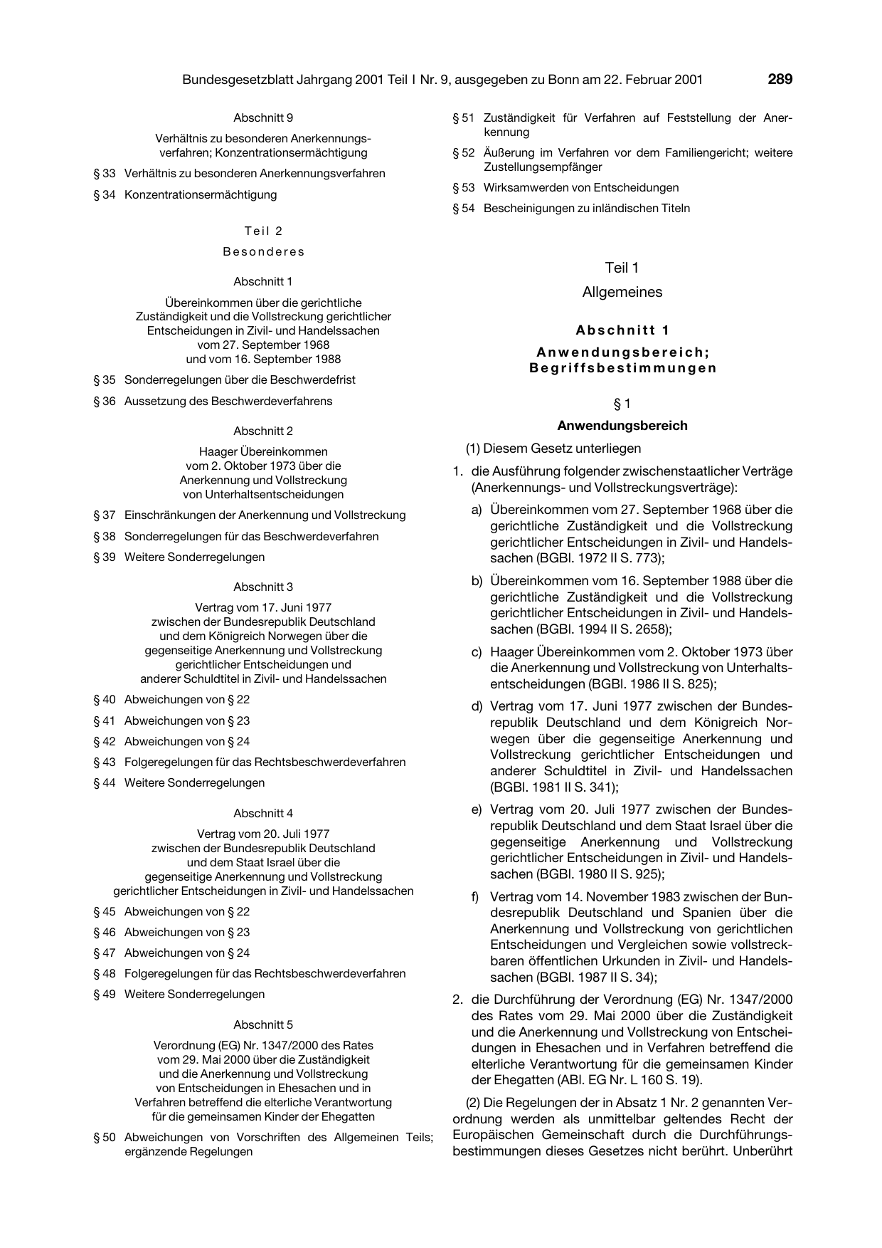 BGBl. 2001, Seite 289 — Originalseite als Abbildung