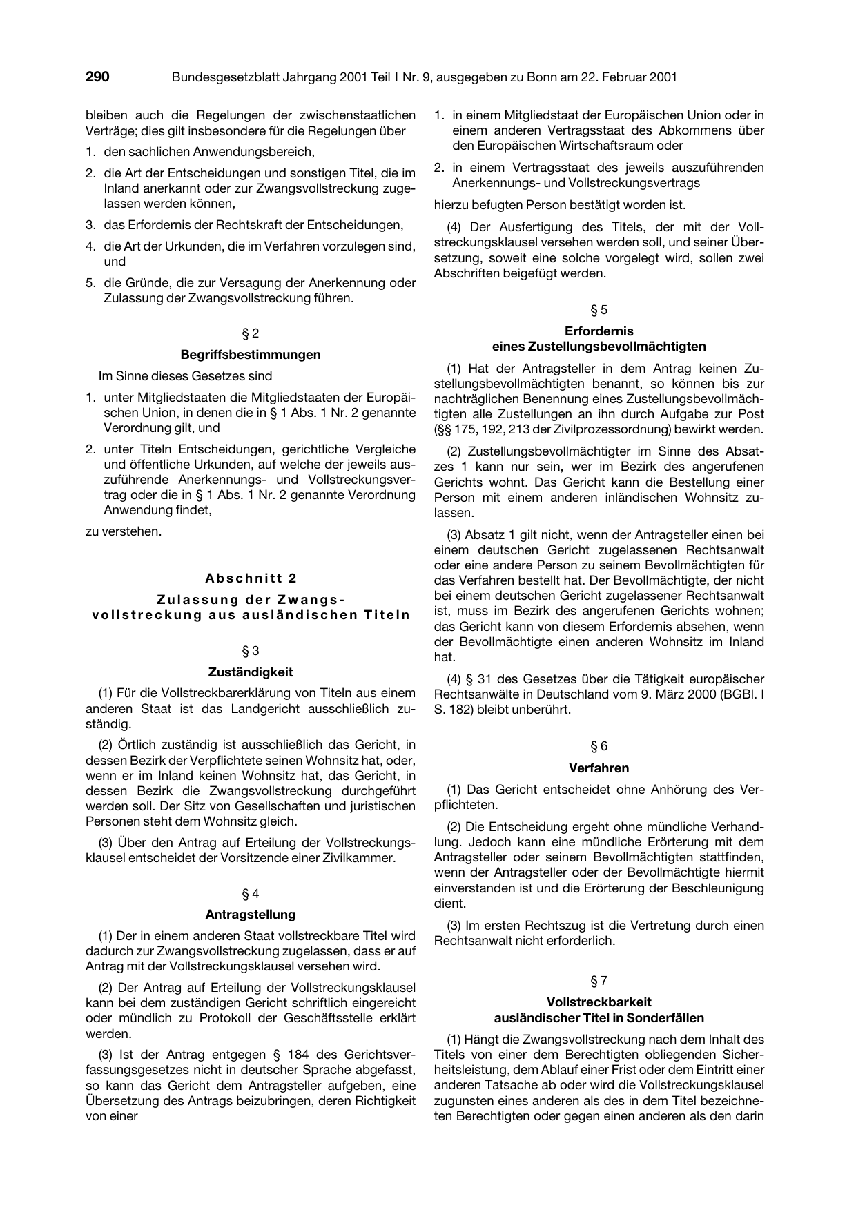 BGBl. 2001, Seite 290 — Originalseite als Abbildung