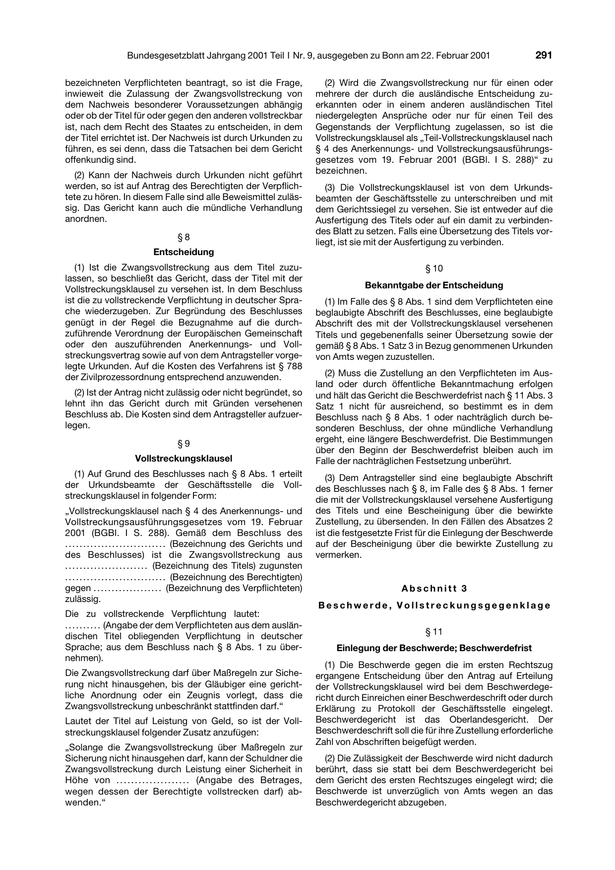BGBl. 2001, Seite 291 — Originalseite als Abbildung