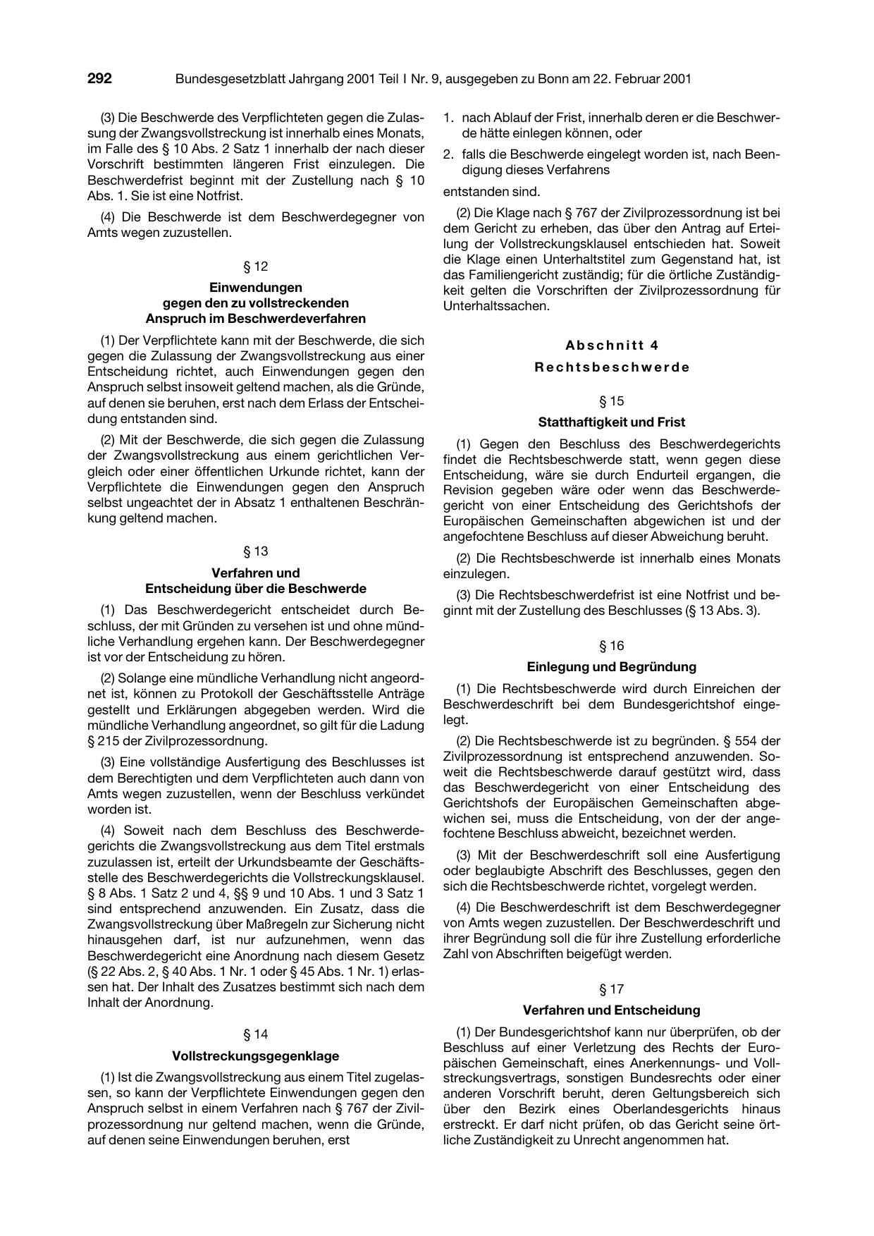 BGBl. 2001, Seite 292 — Originalseite als Abbildung