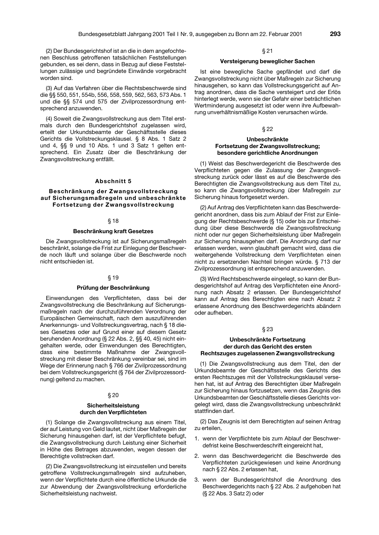 BGBl. 2001, Seite 293 — Originalseite als Abbildung